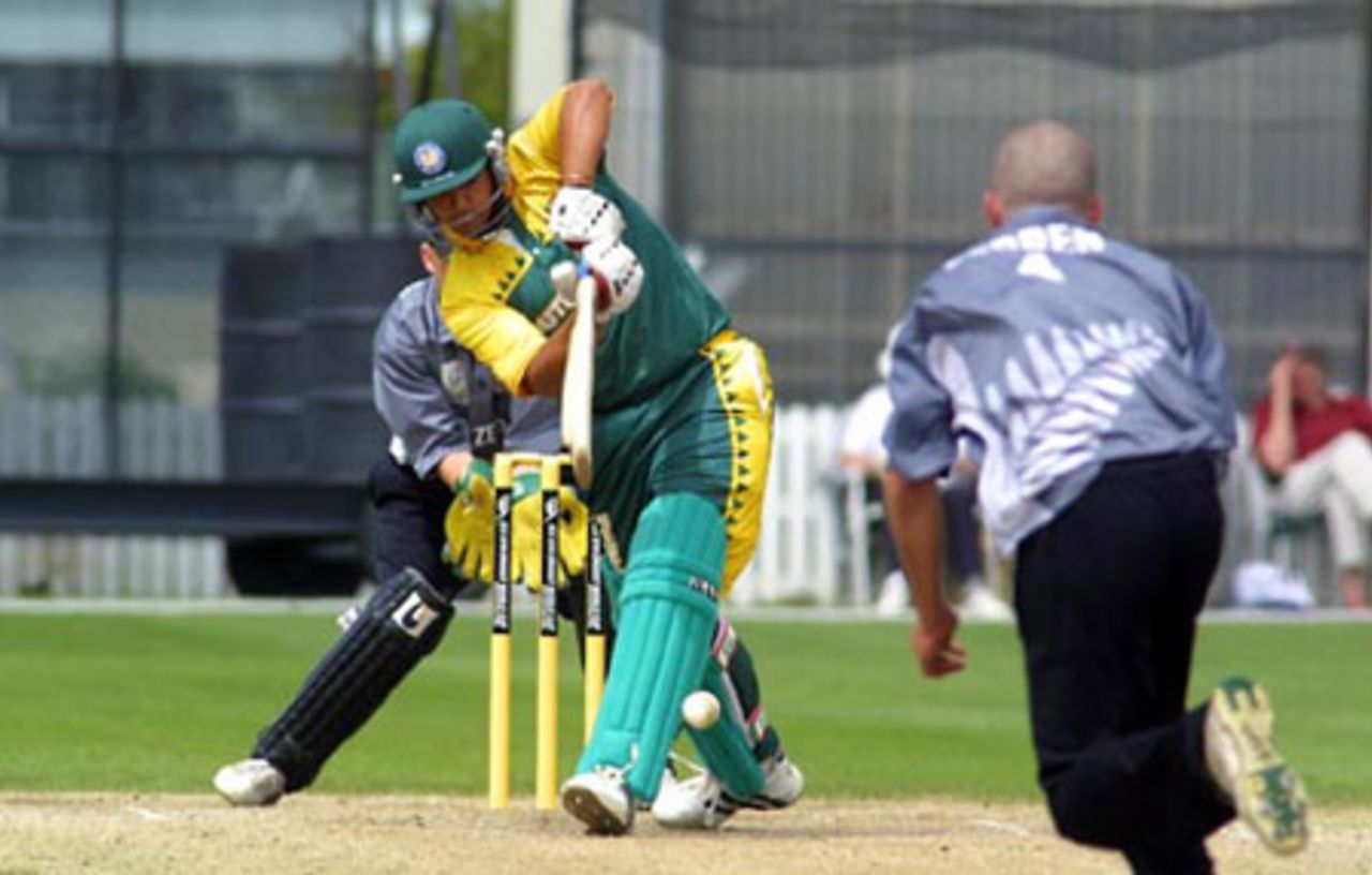 South Africa Under-19 batsman Ryan Bailey drives a delivery from New Zealand Under-19 bowler Peter Borren down the ground on the leg side during his innings of 69. ICC Under-19 World Cup Super League Group 2: New Zealand Under-19s v South Africa Under-19s at Lincoln Green, Lincoln, 30 January 2002.