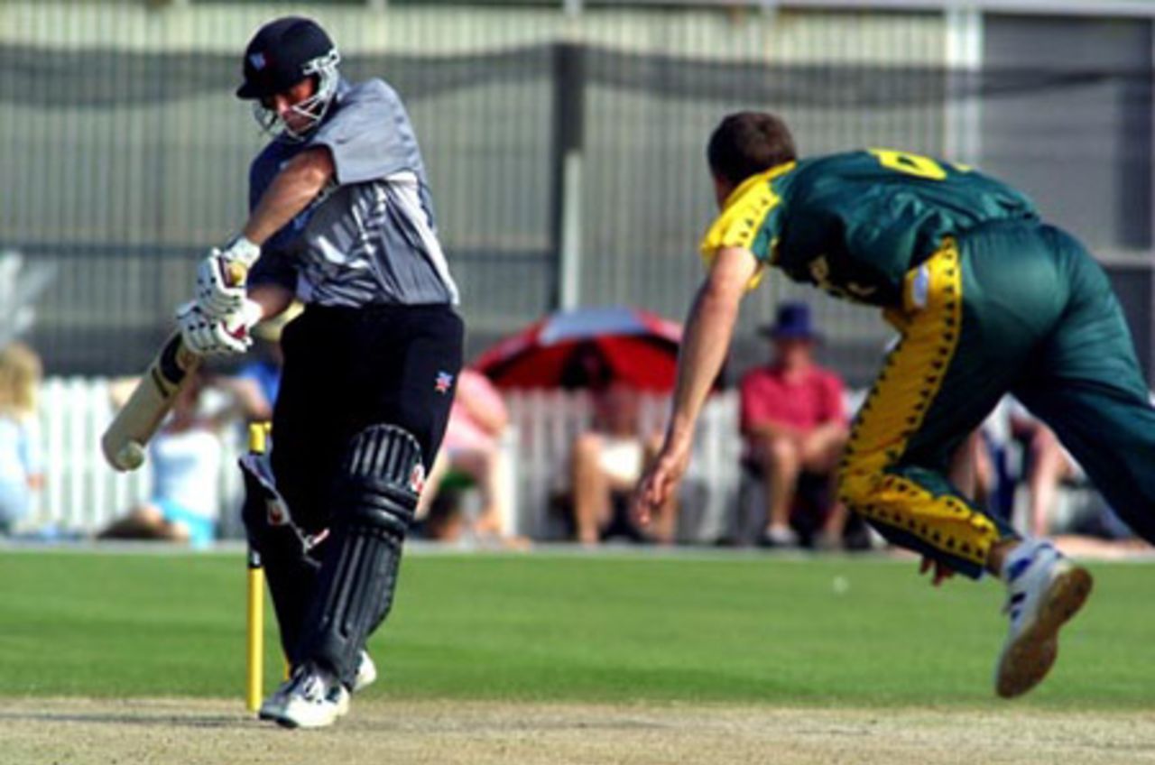 New Zealand Under-19 batsman Jordan Sheed plays a delivery from South Africa Under-19 bowler Ryan McLaren during his innings of 61. ICC Under-19 World Cup Super League Group 2: New Zealand Under-19s v South Africa Under-19s at Lincoln Green, Lincoln, 30 January 2002.