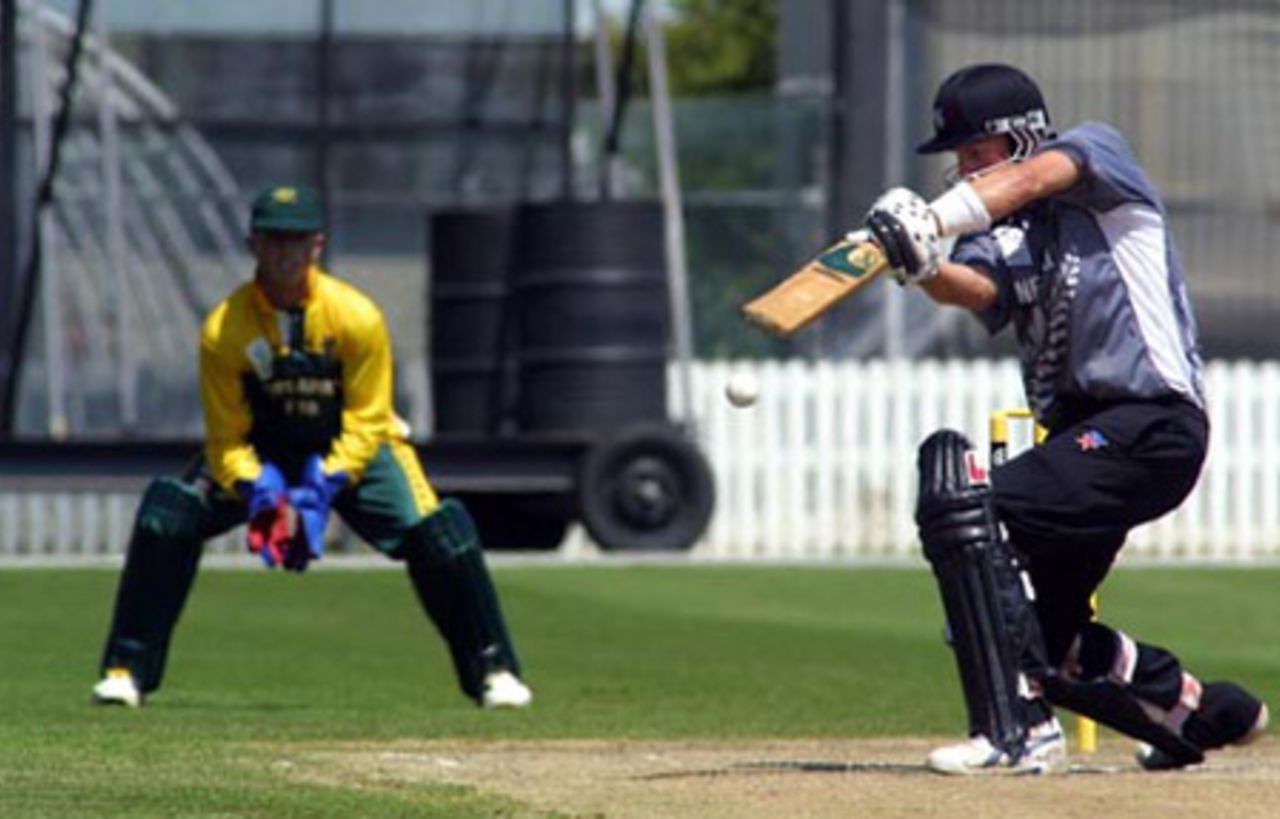 New Zealand Under-19 batsman Jordan Sheed plays and misses a delivery outside off stump during his innings of 61. Wicket-keeper David Jacobs looks on. ICC Under-19 World Cup Super League Group 2: New Zealand Under-19s v South Africa Under-19s at Lincoln Green, Lincoln, 30 January 2002.