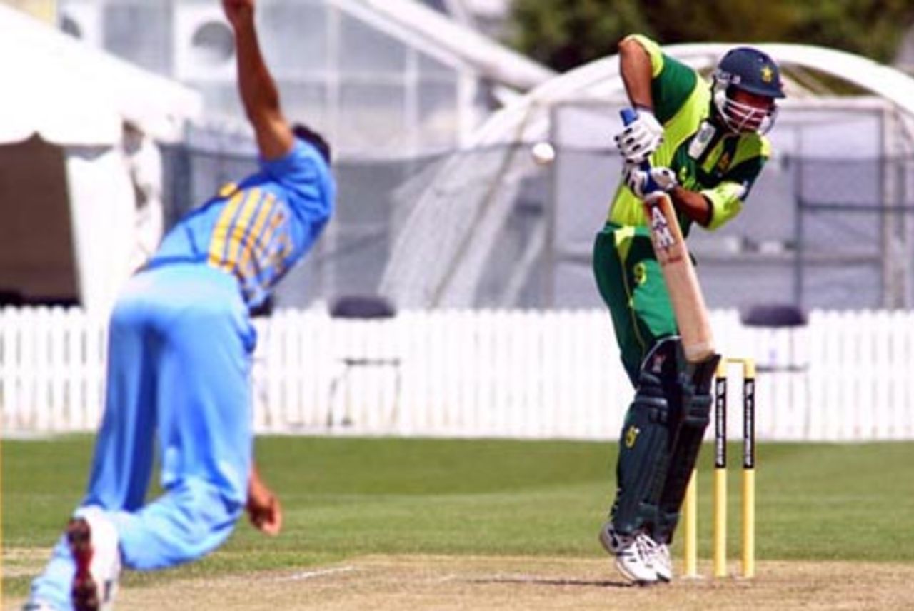 Pakistan Under-19 batsman Kamran Sajid defends a short rising delivery during his innings of 24. ICC Under-19 World Cup Super League Group 1: India Under-19s v Pakistan Under-19s at Lincoln Green, Lincoln, 31 January 2002.