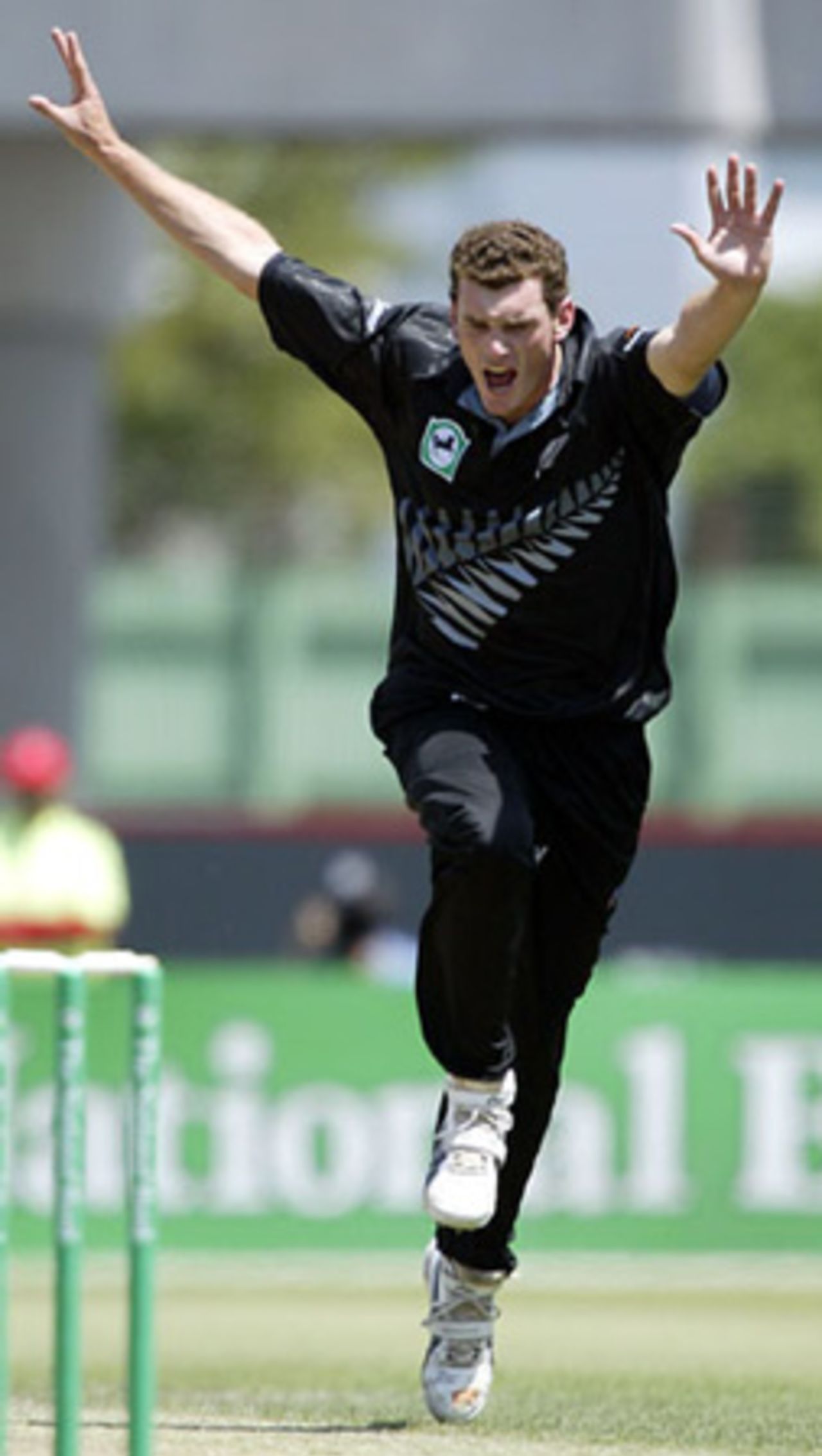 New Zealand bowler Kyle Mills celebrates the dismissal of India batsman Virender Sehwag, caught by wicket-keeper Brendon McCullum for seven. 3rd ODI: New Zealand v India at Jade Stadium, Christchurch, 1 January 2003.