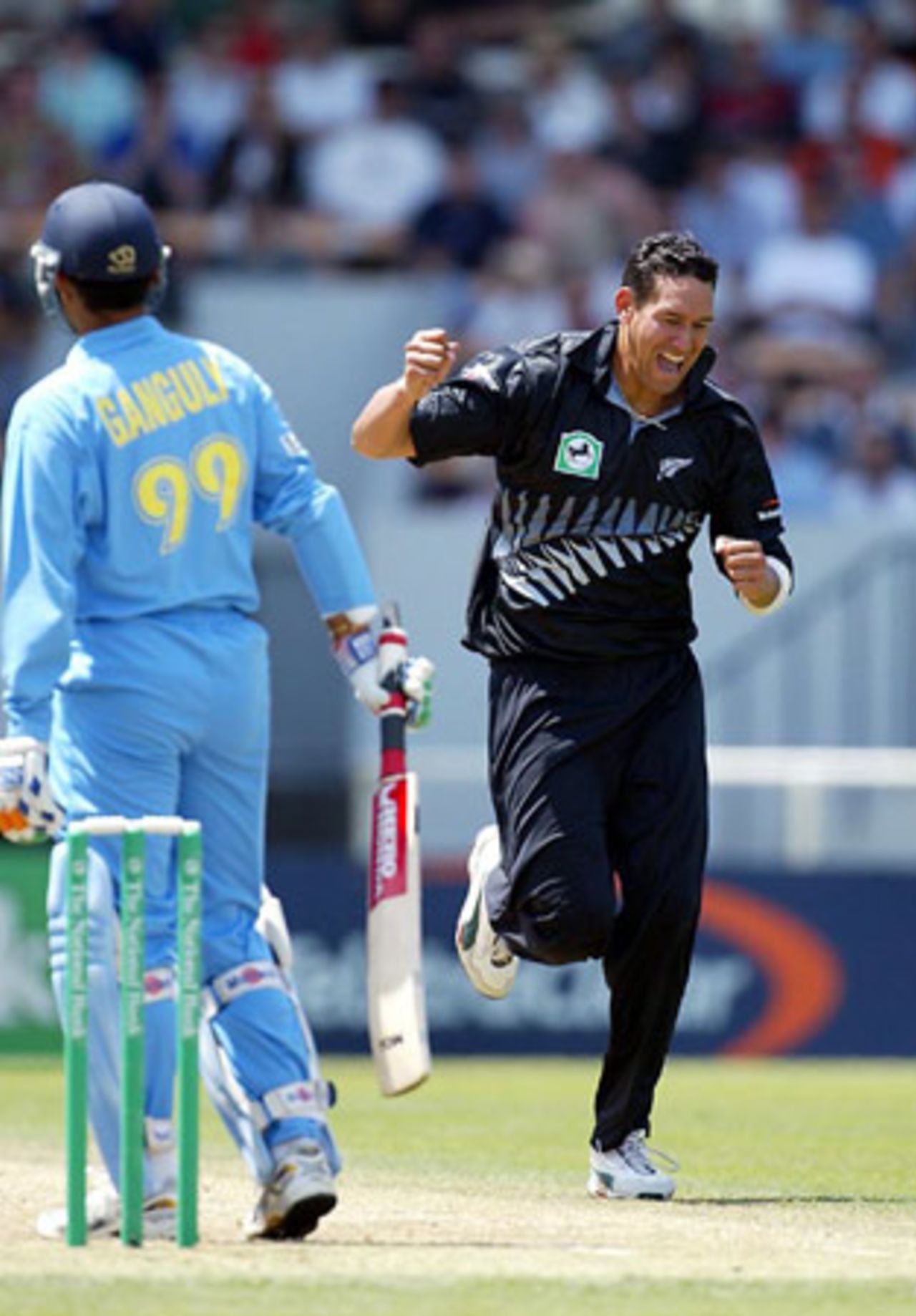 New Zealand bowler Daryl Tuffey celebrates the dismissal of Indian batsman Sourav Ganguly, caught by wicket-keeper Brendon McCullum for four. 3rd ODI: New Zealand v India at Jade Stadium, Christchurch, 1 January 2003.