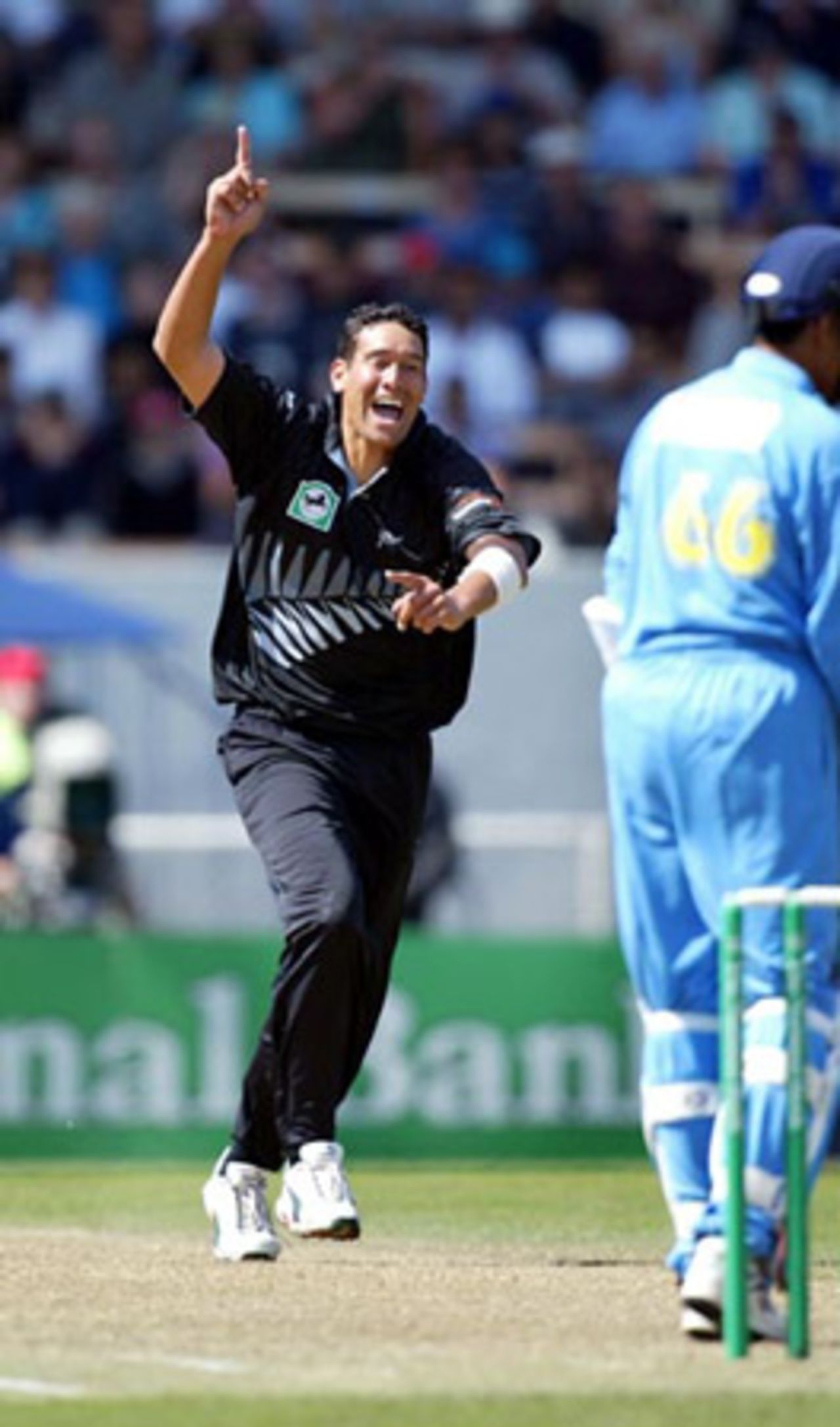 New Zealand bowler Daryl Tuffey celebrates the dismissal of Indian batsman Sanjay Bangar, caught by wicket-keeper Brendon McCullum for one. 3rd ODI: New Zealand v India at Jade Stadium, Christchurch, 1 January 2003.