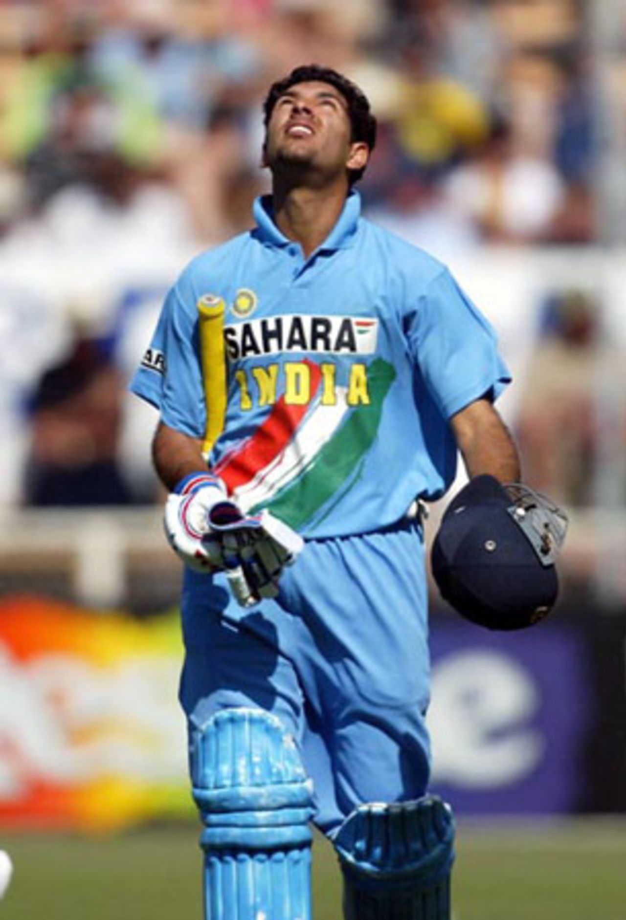 Indian batsman Yuvraj Singh looks skyward after being dismissed, run out by Paul Hitchcock for 12. 3rd ODI: New Zealand v India at Jade Stadium, Christchurch, 1 January 2003.