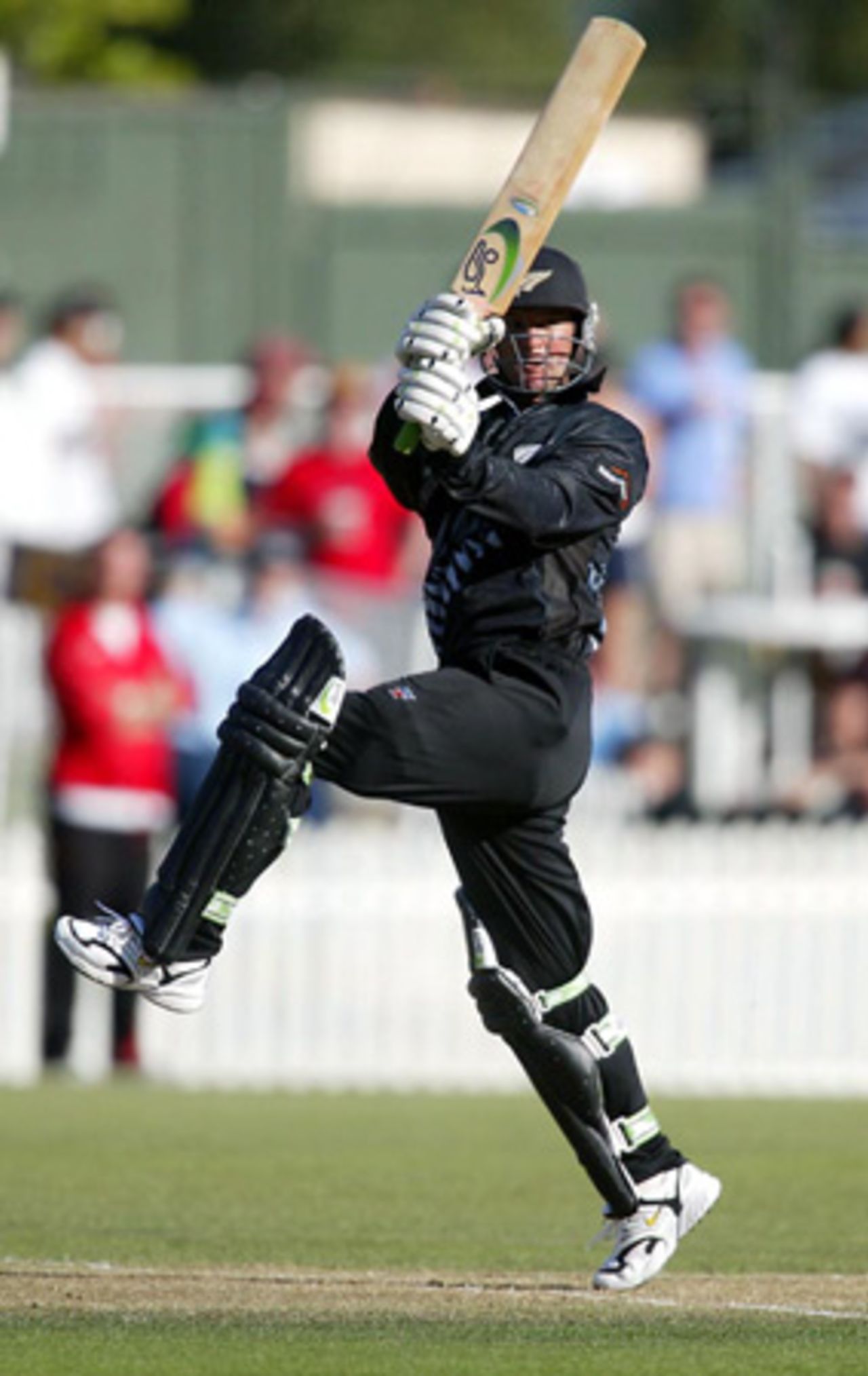 New Zealand batsman Nathan Astle pulls a delivery from Indian bowler Javagal Srinath to the square leg boundary for four during his innings of 32. 3rd ODI: New Zealand v India at Jade Stadium, Christchurch, 1 January 2003.