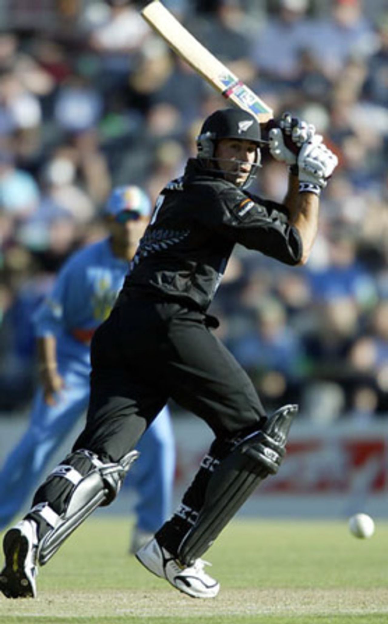New Zealand batsman Stephen Fleming glances a delivery behind square on the leg side during his innings of four. 3rd ODI: New Zealand v India at Jade Stadium, Christchurch, 1 January 2003.