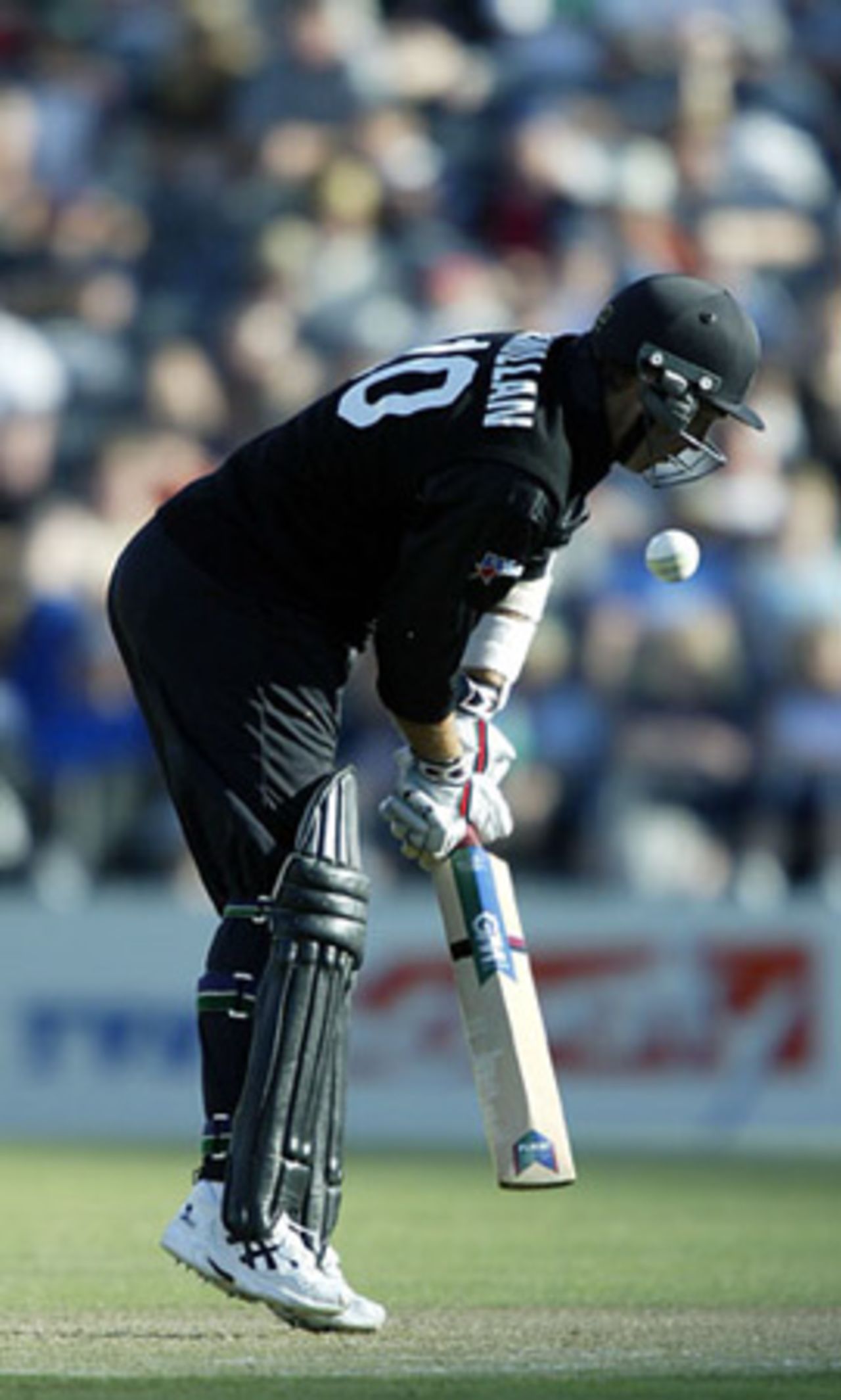 New Zealand batsman Craig McMillan attempts to defend a short delivery during his innings of 22. 3rd ODI: New Zealand v India at Jade Stadium, Christchurch, 1 January 2003.