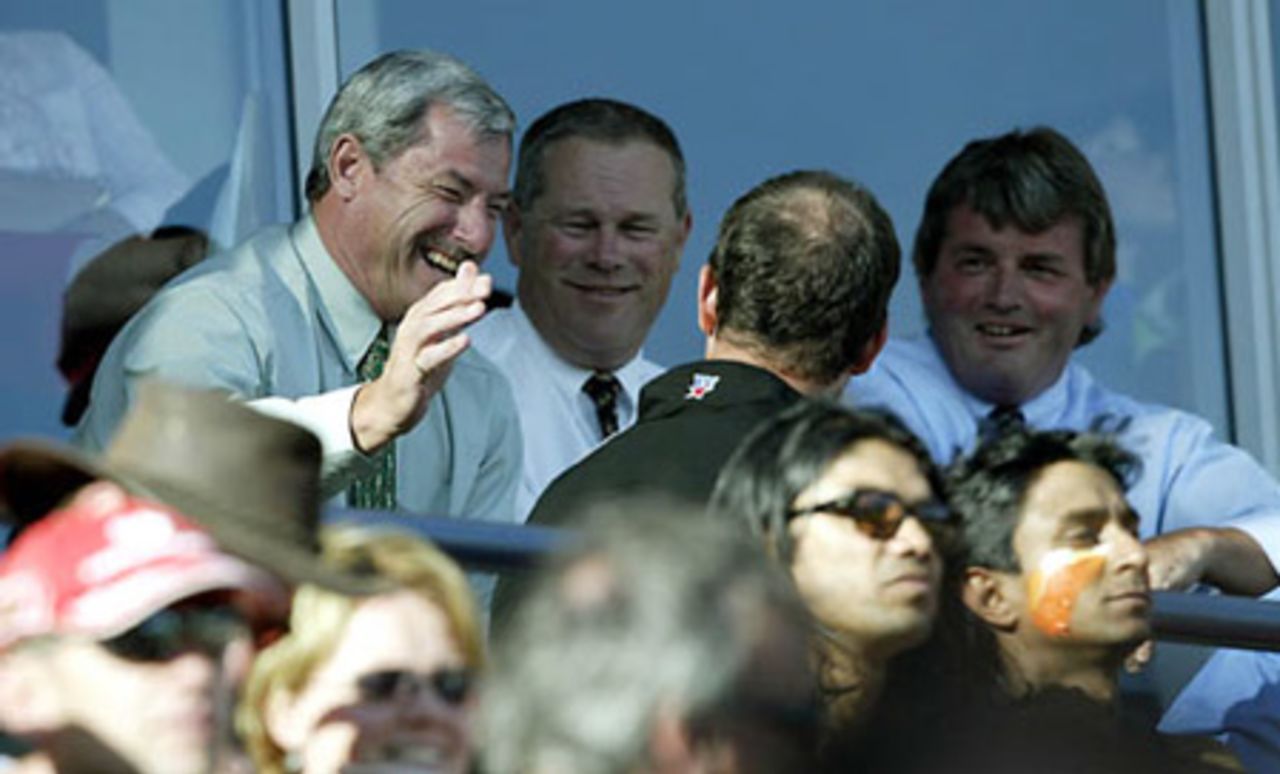 Members of the New Zealand selection panel enjoy watching the match. From left: chairman of selectors Sir Richard Hadlee, New Zealand Cricket operations manager John Reid and selector Brian McKechnie. 3rd ODI: New Zealand v India at Jade Stadium, Christchurch, 1 January 2003.