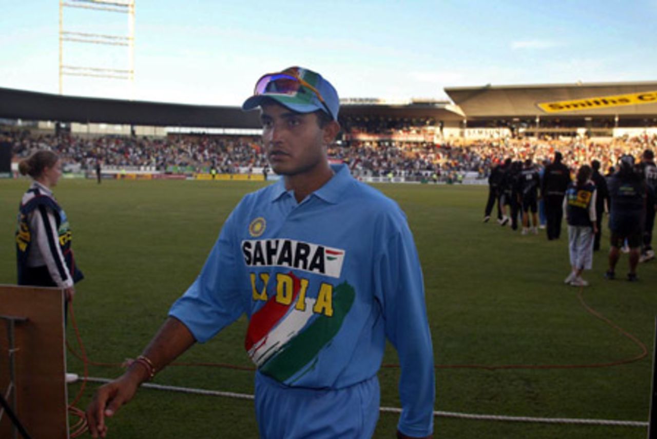 Indian captain Sourav Ganguly walks from the field at the end of the match. India lost to New Zealand by five wickets to go 3-0 down in the seven-match series. 3rd ODI: New Zealand v India at Jade Stadium, Christchurch, 1 January 2003.