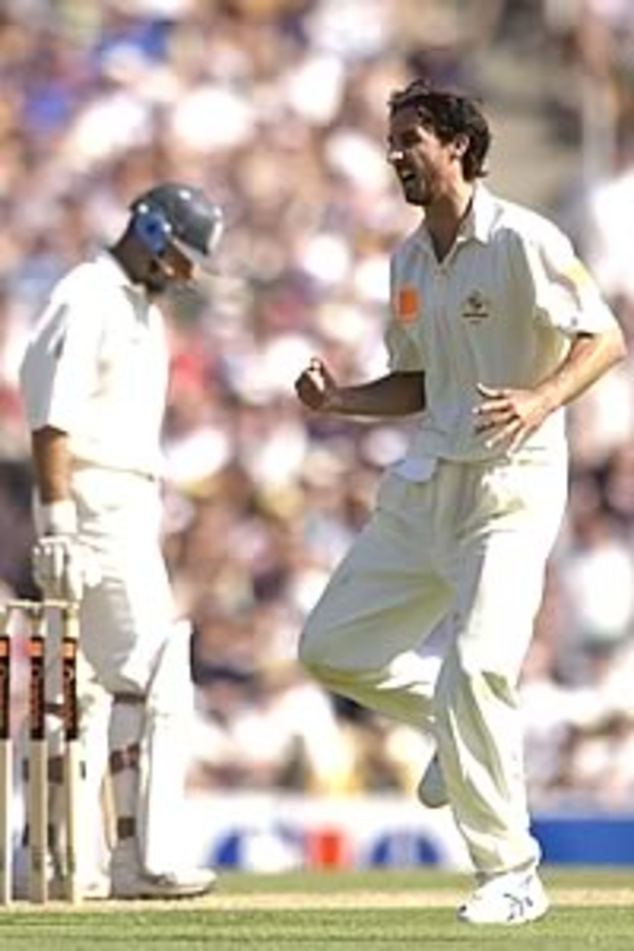 SYDNEY - JANUARY 2: Jason Gillespie of Australia celebrates the wicket of England captain Nasser Hussain during the first day of the fifth Ashes Test between Australia and England at the Sydney Cricket Ground in Sydney, Australia on January 2, 2003.