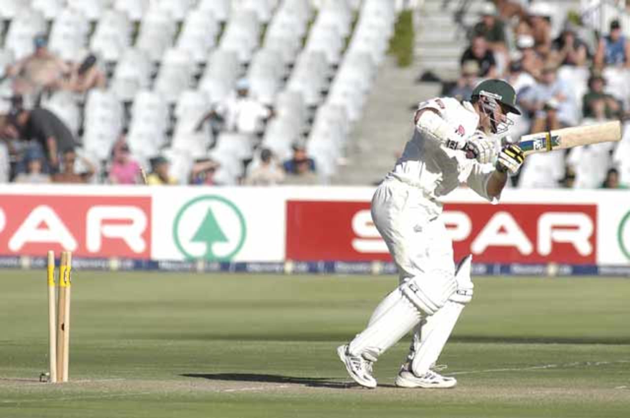 Graeme Smith is bowled by Pakistan's Mohammad Zahid at Newlands