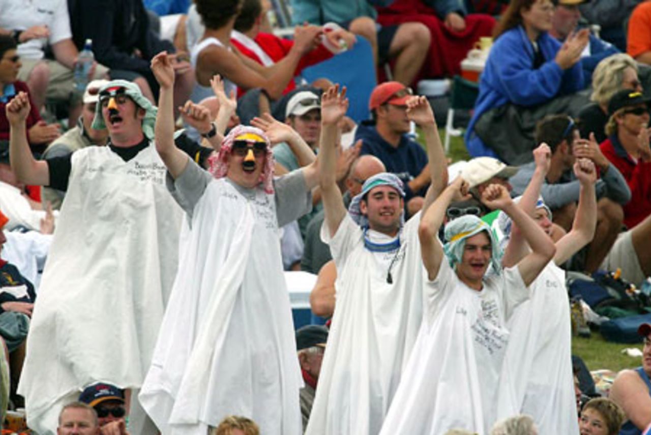 A group of New Zealand fans show their support. 4th ODI: New Zealand v India at John Davies Oval, Queenstown, 4 January 2003.