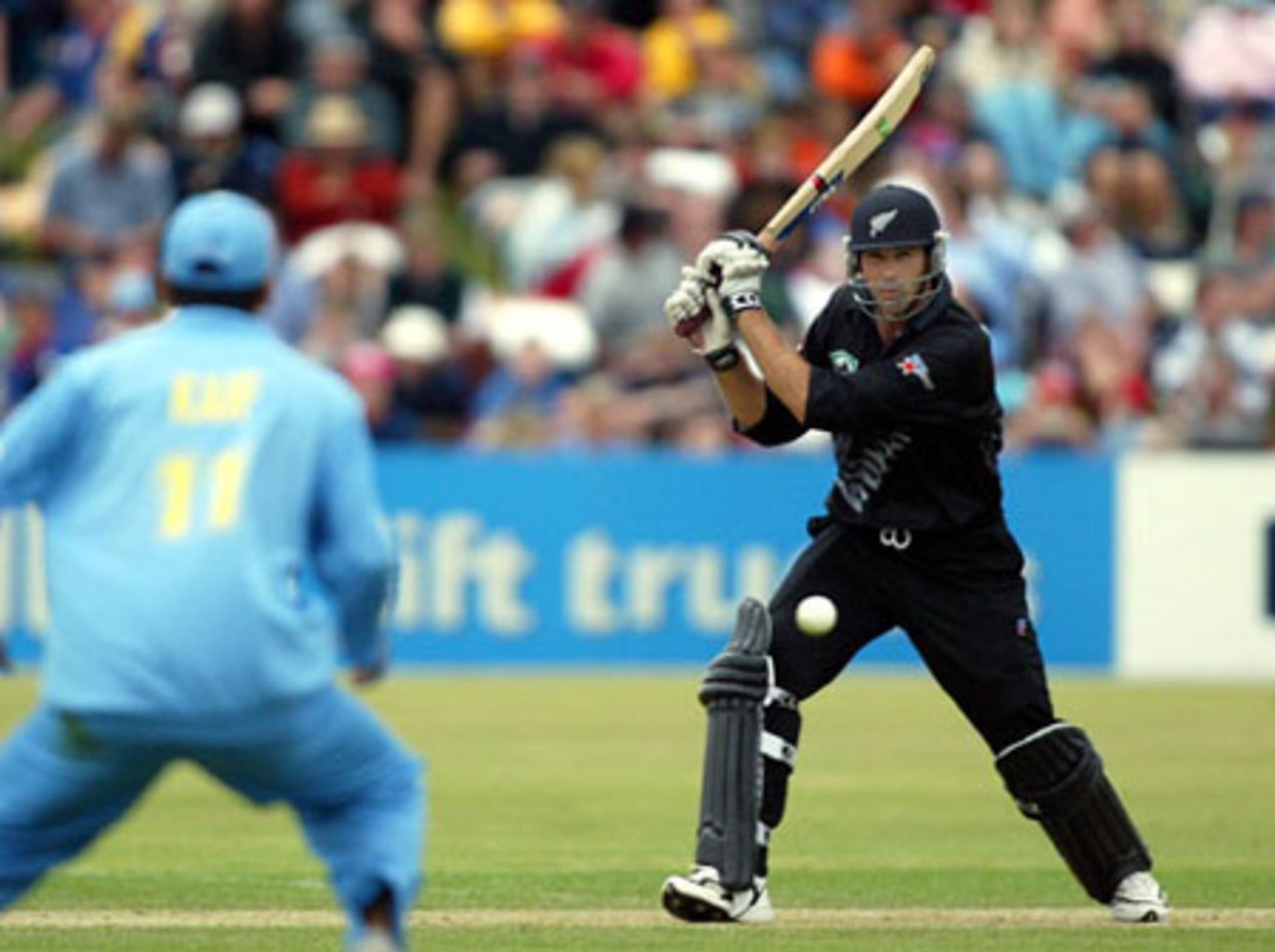 New Zealand batsman Stephen Fleming drives a delivery straight to Indian fielder Mohammad Kaif during his innings of 47. 4th ODI: New Zealand v India at John Davies Oval, Queenstown, 4 January 2003.