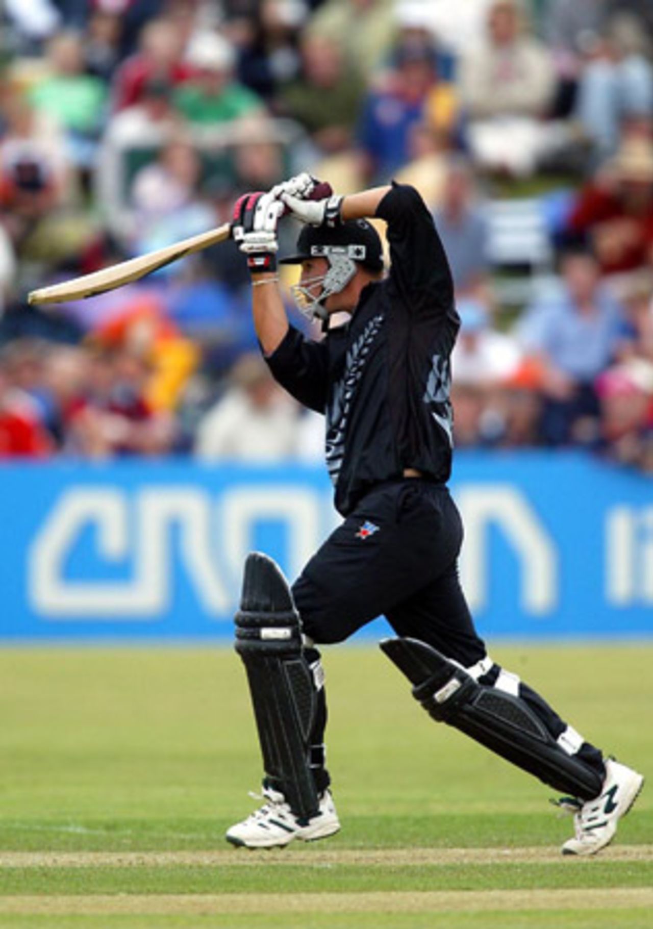 New Zealand batsman Mathew Sinclair drives a delivery straight down the ground during his innings of 32 not out. 4th ODI: New Zealand v India at John Davies Oval, Queenstown, 4 January 2003.