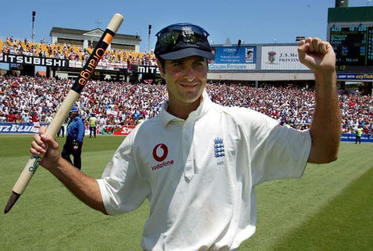 Michael Vaughan (Man of the Match and Man of the Series) celebrates after England won the fifth and final Ashes Test in Sydney, Mon 6 Jan 2003