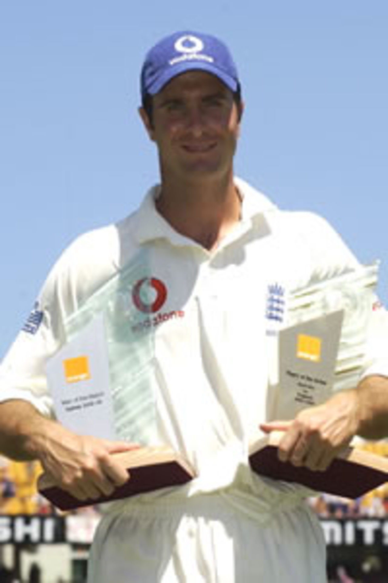 SYDNEY - JANUARY 6: Michael Vaughan of England poses with his man of the match and man of the series trophy during the fifth and final day of the fifth Ashes Test between Australia and England at the Sydney Cricket Ground, Sydney, Australia on January 6, 2003.