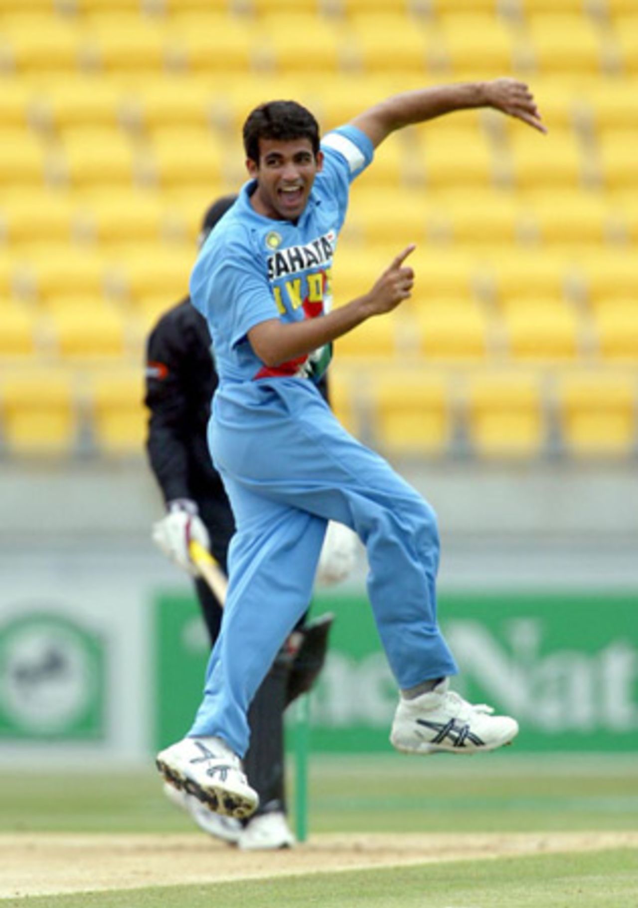Indian bowler Zaheer Khan celebrates the dismissal of New Zealand batsman Chris Harris, lbw for 0. 5th ODI: New Zealand v India at Westpac Stadium, Wellington, 8 January 2003.