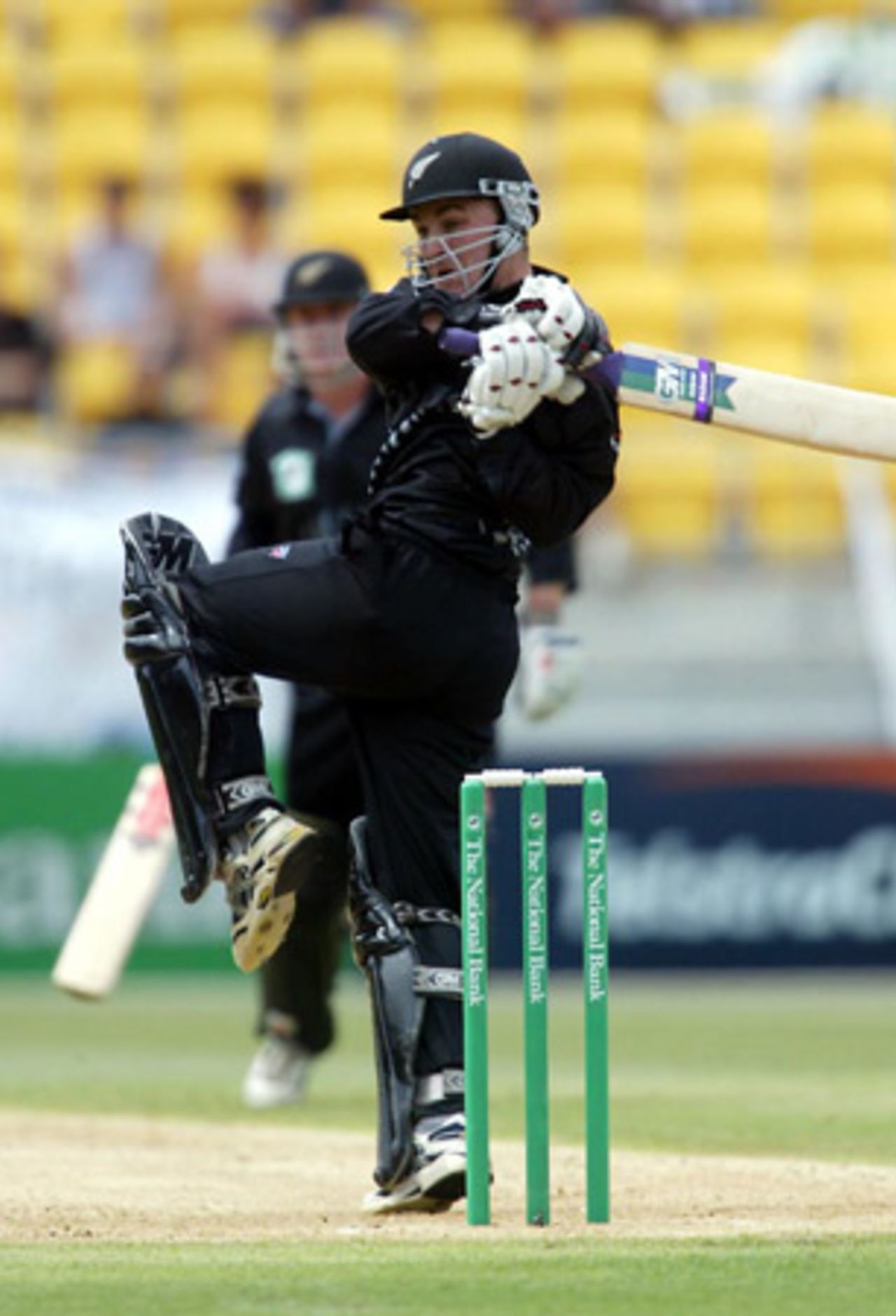 New Zealand batsman Andre Adams hooks a delivery during his innings of 35. 5th ODI: New Zealand v India at Westpac Stadium, Wellington, 8 January 2003.