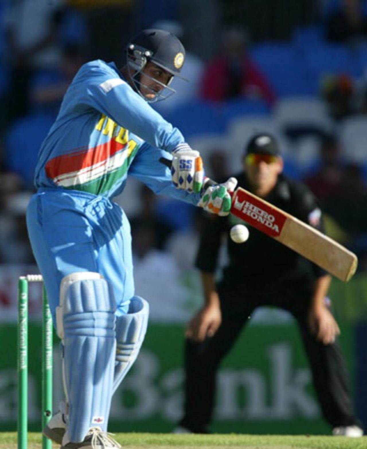 Indian batsman Sourav Ganguly shapes to play a delivery during his innings of 23. 6th ODI: New Zealand v India at Eden Park, Auckland, 11 January 2003.