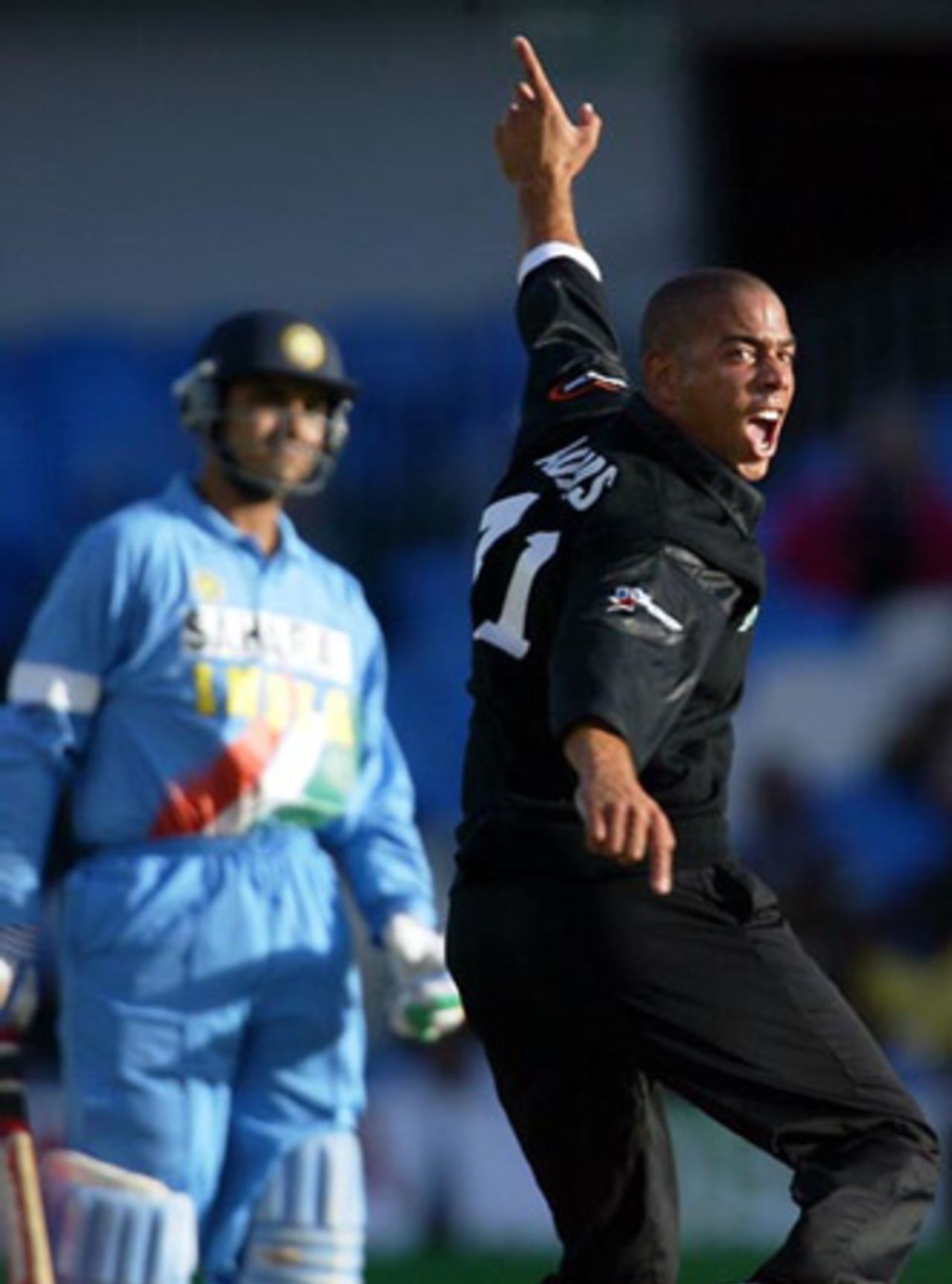 New Zealand bowler Andre Adams successfully appeals for the dismissal of Indian batsman Sourav Ganguly, caught by wicket-keeper Brendon McCullum for 23. 6th ODI: New Zealand v India at Eden Park, Auckland, 11 January 2003.