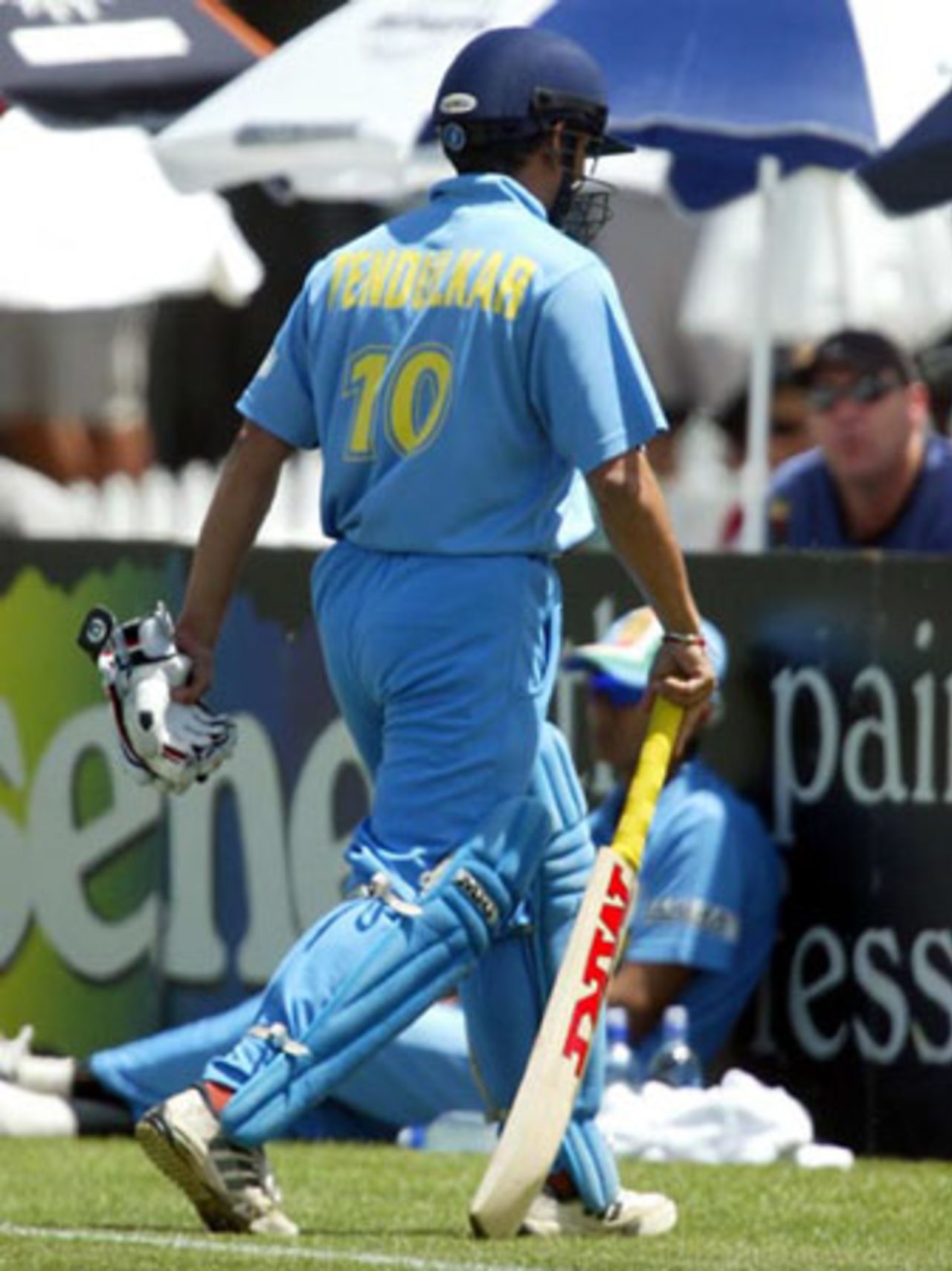 Indian batsman Sachin Tendulkar leaves the field after being dismissed, caught by New Zealand fielder Stephen Fleming at first slip off the bowling of Daryl Tuffey for one. 7th ODI: New Zealand v India at Westpac Park, Hamilton, 14 January 2003.