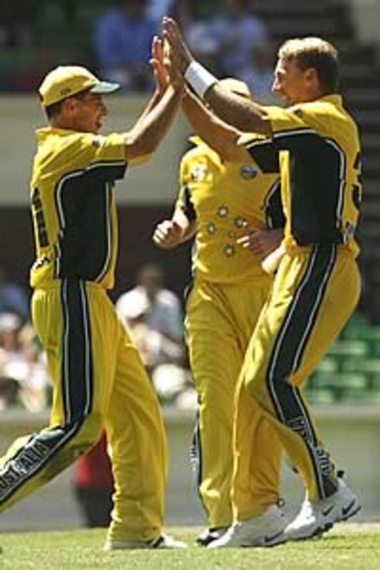 MELBOURNE - JANUARY 21: Andy Bichel and Brad Hogg of Australia celebrate the wicket of Marvan Atapattu of Sri Lanka during the One Day International match between Australia and Sri Lanka at the Melbourne Cricket Ground in Melbourne, Australia on January 21, 2003.