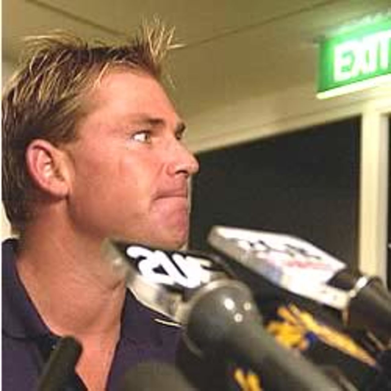 SYDNEY - JANUARY 22: Shane Warne of Australia talks to the press to announce his retirement from One Day International cricket after the forthcoming World Cup at the Quay West Hotel in Sydney, Australia on January 22, 2003.