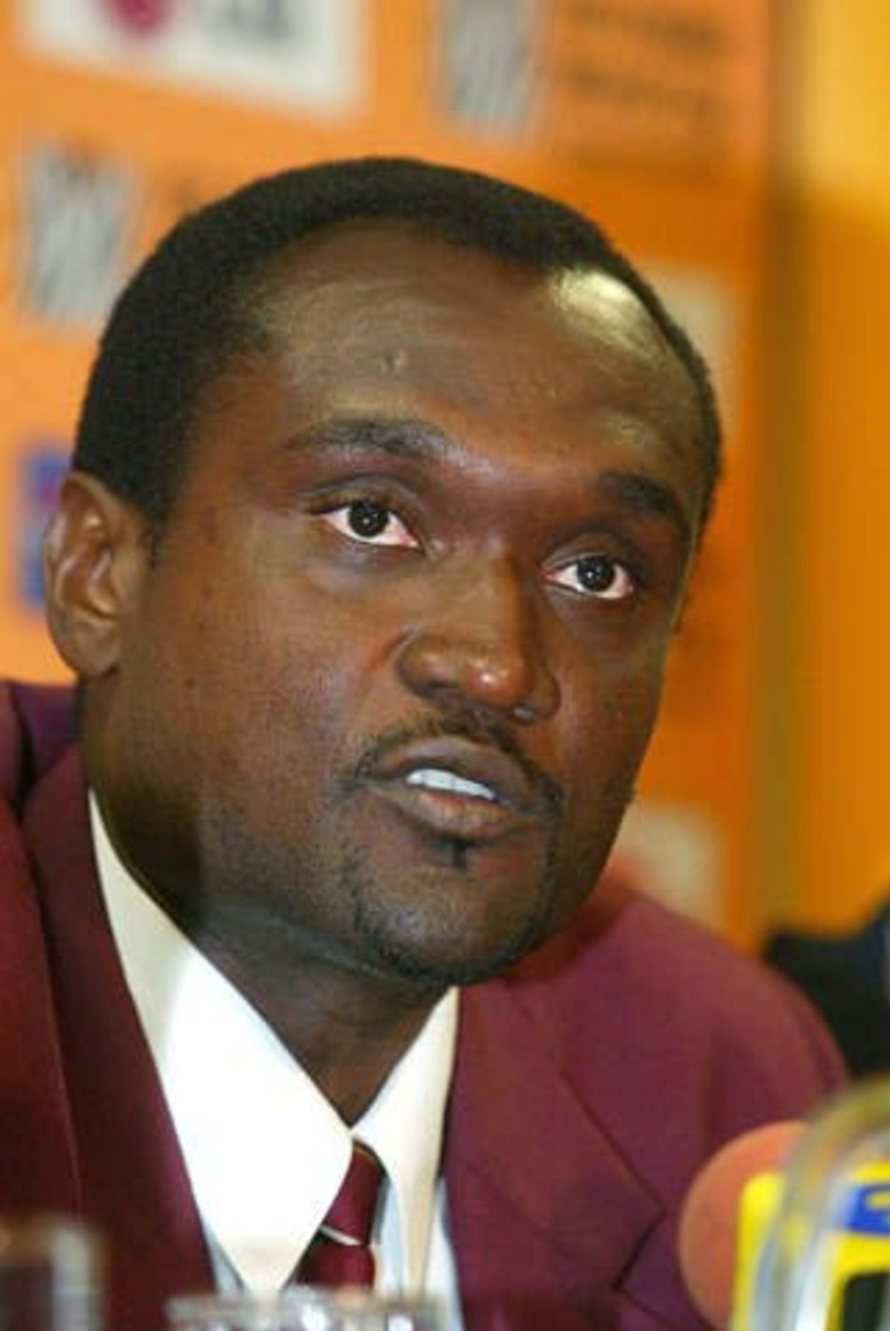 West Indies captain Carl Hooper holds a press conference on the team's arrival in Johannesburg, 30 Jan 2003