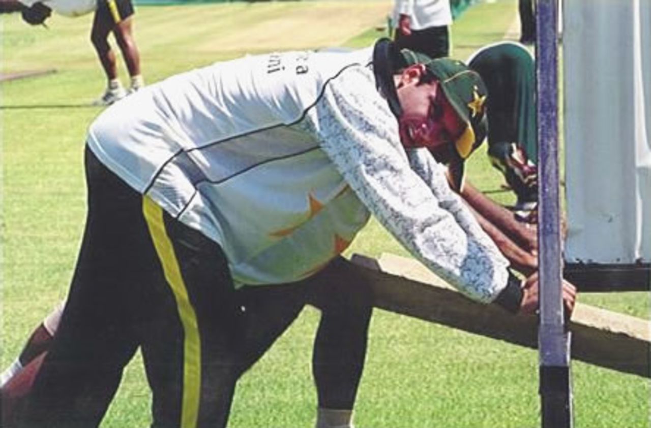 Shahid Afridi stretching prior to a training session at the Wanderers Stadium, ICC World Cup 2003, Thursday January 30, 2003