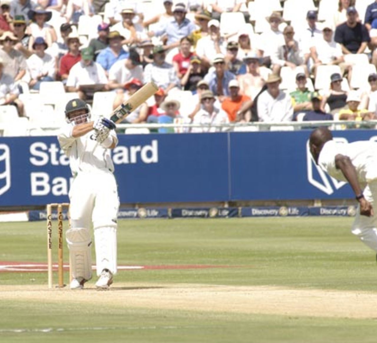 SA opening Herschelle Gibbs pulls a Vasbert Drakes delivery for four during the third test at Newlands