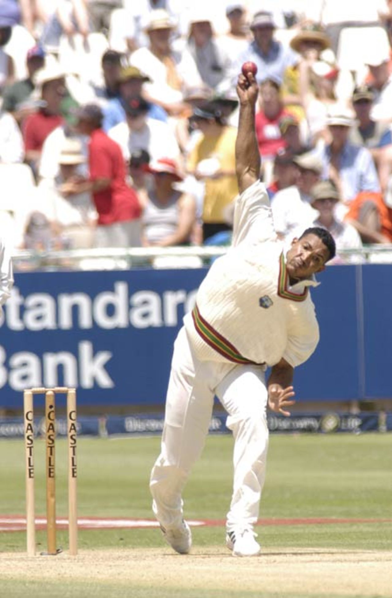 West Indies bowler Adam Sanford sends down a delivery at Newlands at Newlands during the third test