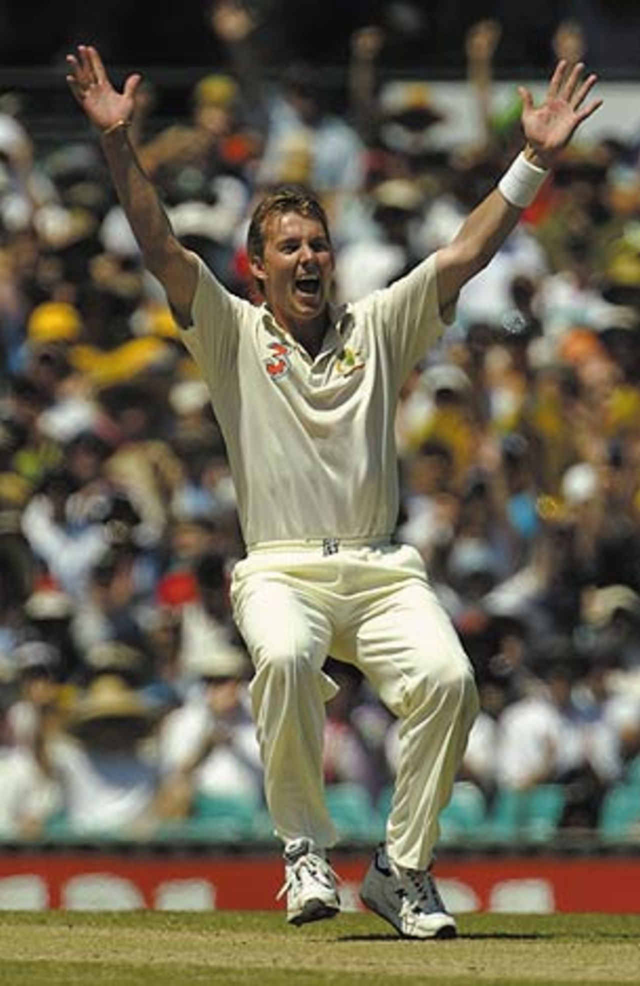 Brett Lee celebrates after nailing Ajit Agarkar, Australia v India, 4th Test, Sydney, 3rd day, January 4, 2004