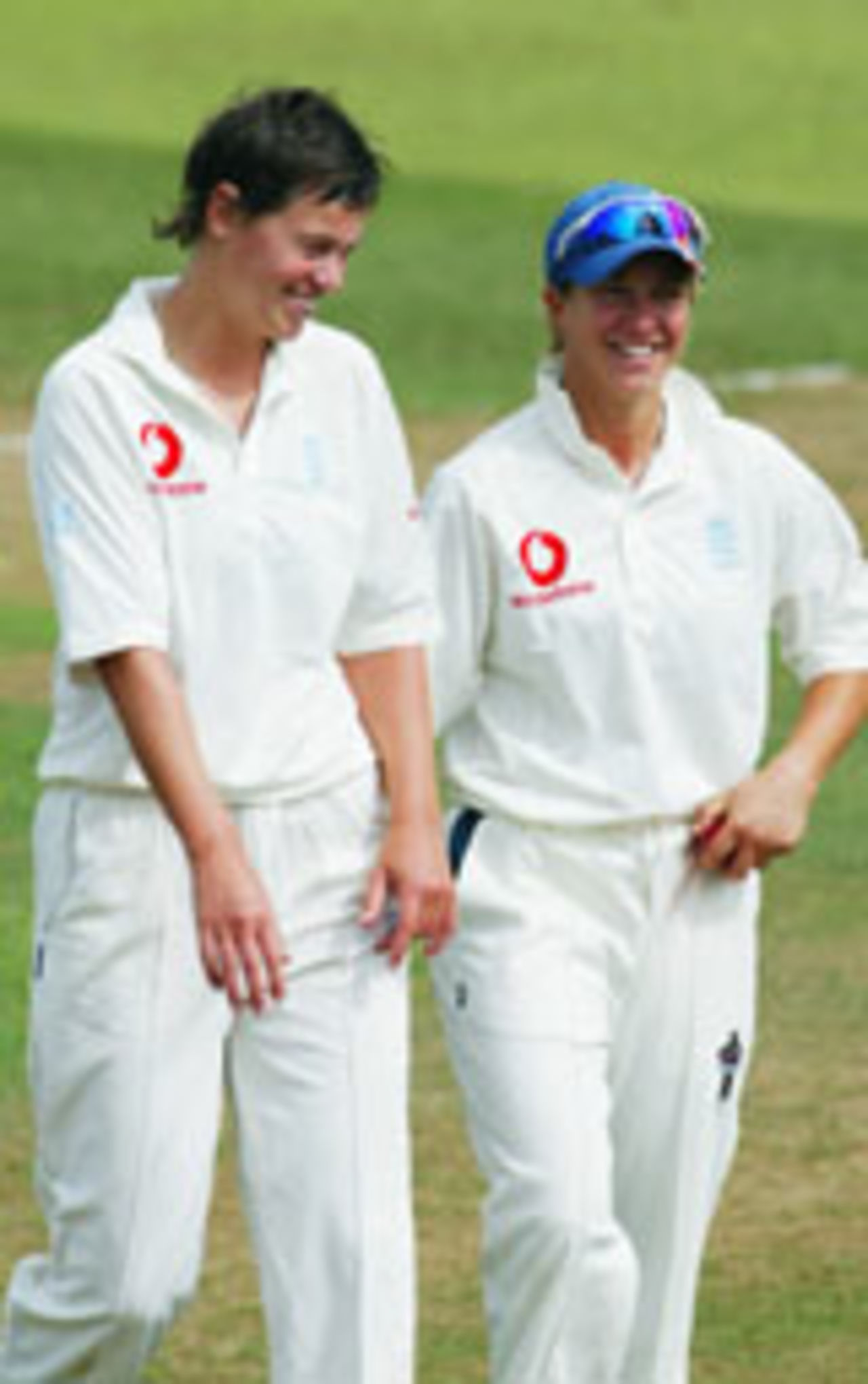 Lucy Pearson and Clare Connor of England share a joke during Test v South Africa at Taunton