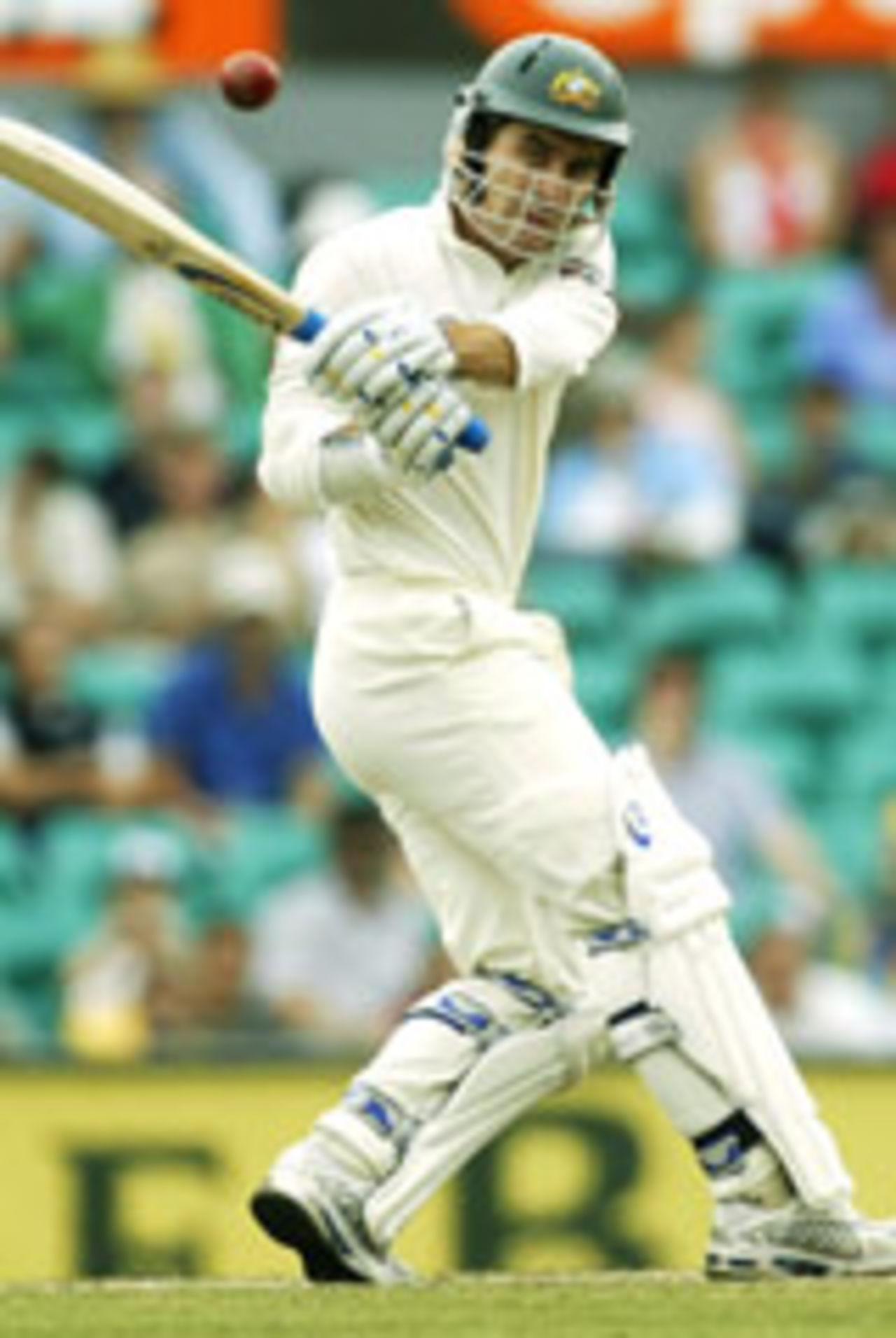 Justin Langer tonks one, probably to the boundary, Australia v India, 4th Test, Sydney, 5th day, January 6, 2004