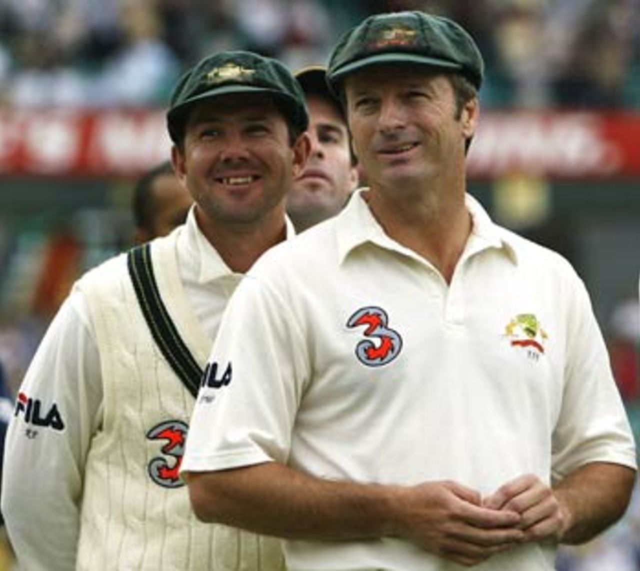 There were smiles of relief for the former and current captain of Australia as the match was drawn, Australia v India, 4th Test, Sydney, 5th day, January 6, 2004