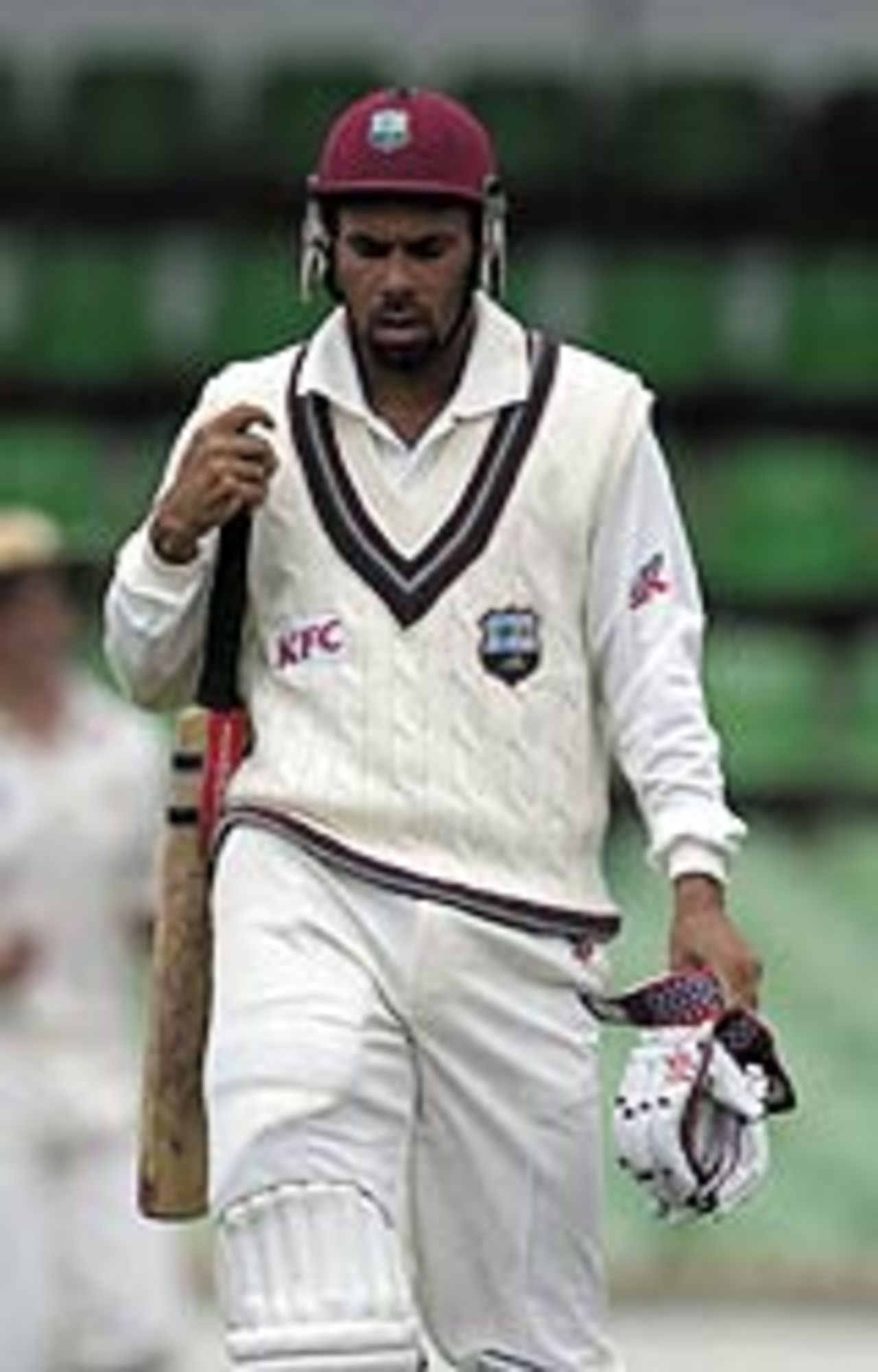 Jimmy Adams leaves the ground after being caught by Adam Gilchrist, Western Warriors v West Indies, Perth, November 9, 2000