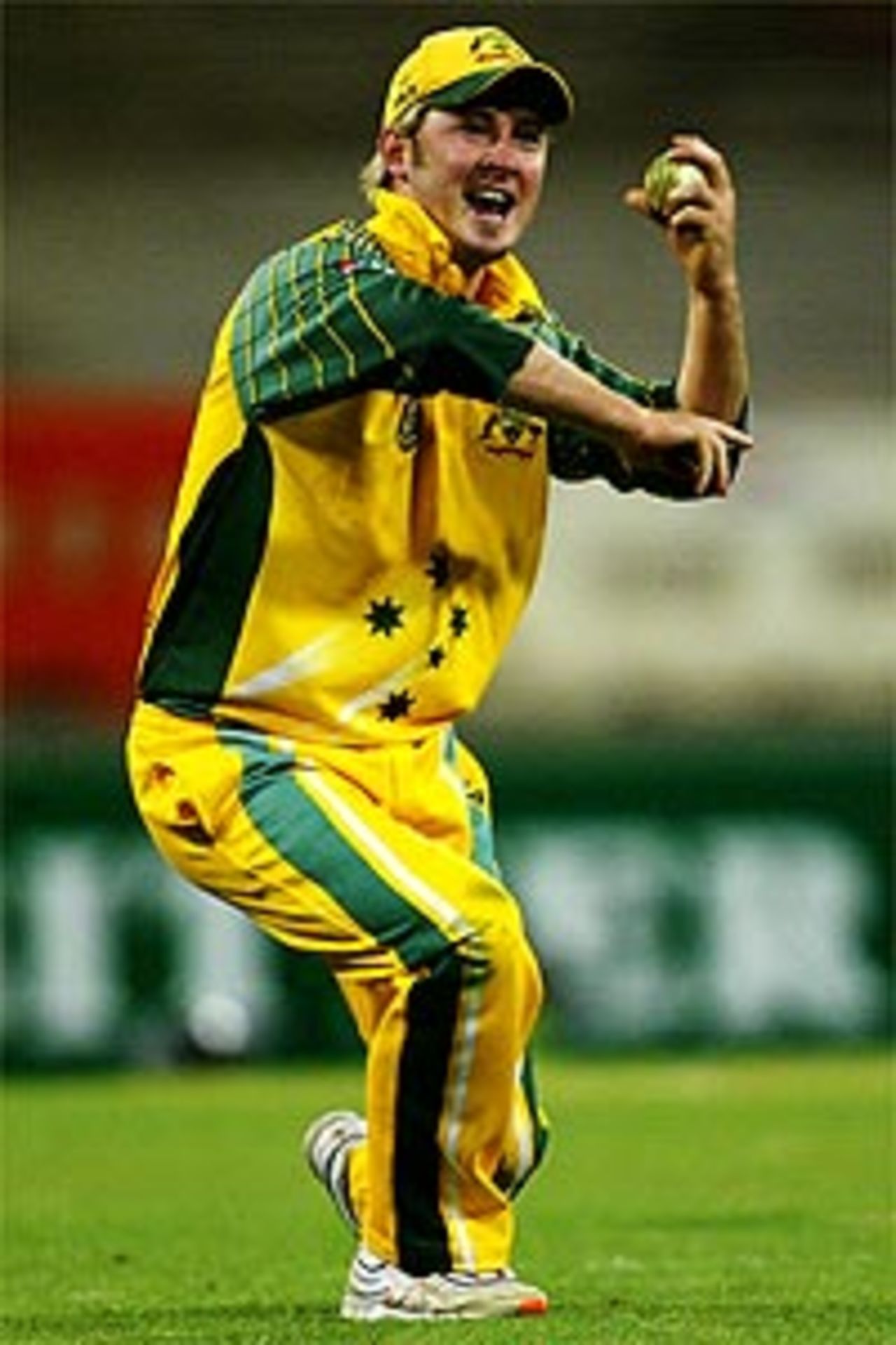 Michael Clarke of Australia celebrates catching Yuvraj Singh of India during the VB Series One Day International between Australia and India at the MCG on January 9, 2004 in Melbourne, Australia.