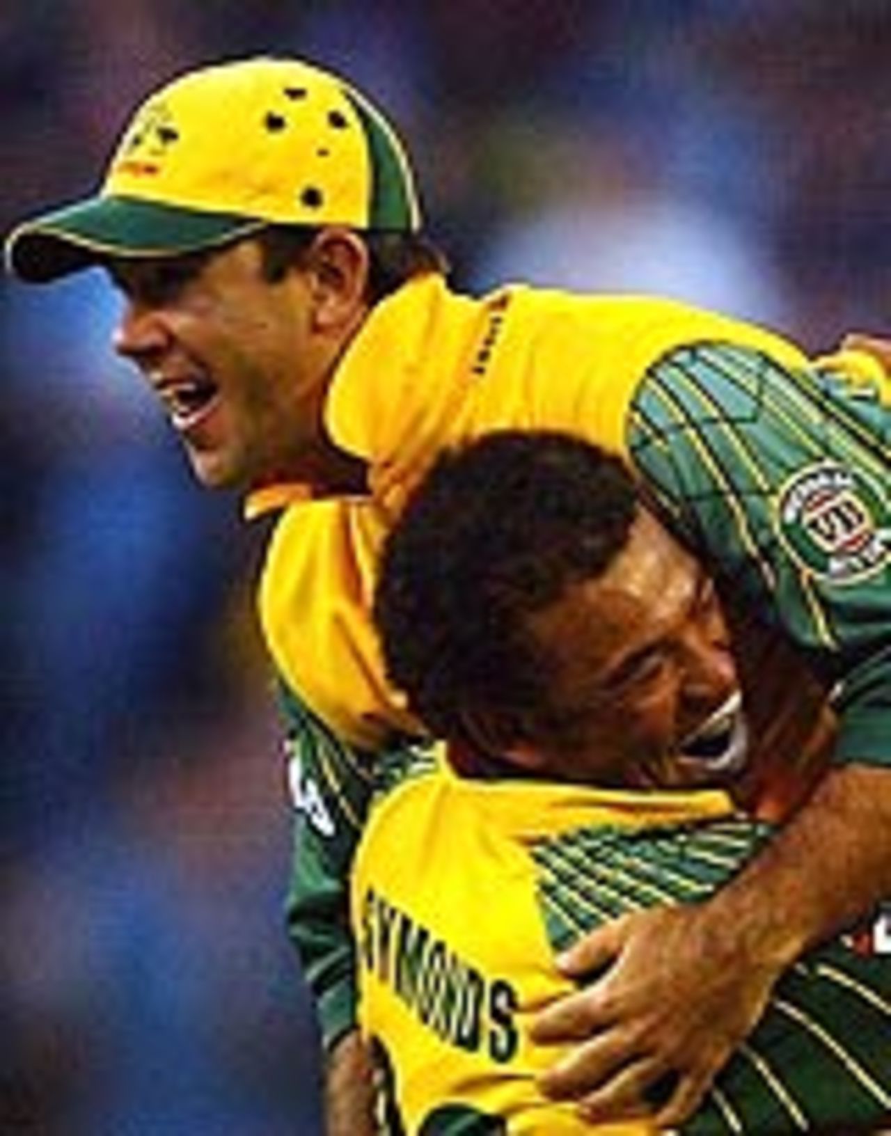 Ricky Ponting is lifted up by Andrew Symonds, Australia v India, VB Series, 1st ODI, Melbourne, January 9, 2004