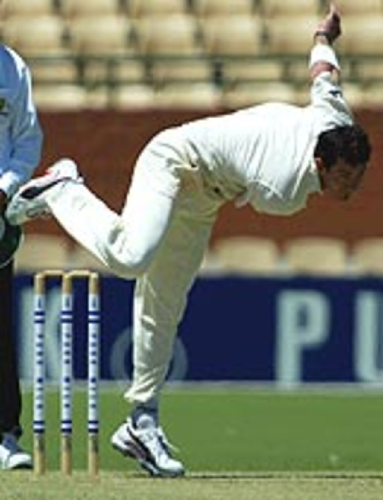 Mark Cleary on his way to a four-wicket haul, South Australia v Tasmania, January 11, 2004