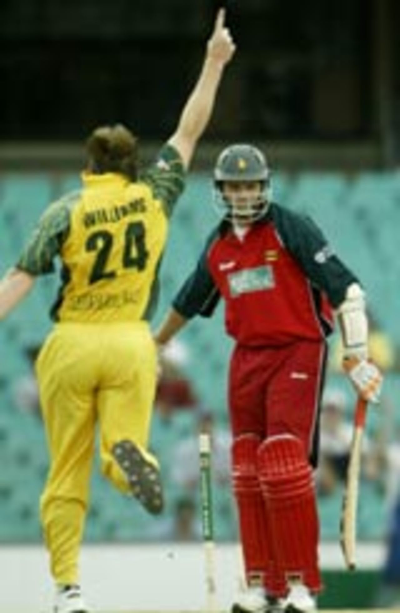 Brad Williams nails Mark Vermeulen on the way to a five-for at Sydney, Australia v Zimbabwe, VB Series, 2nd ODI, Sydney, January 11, 2004