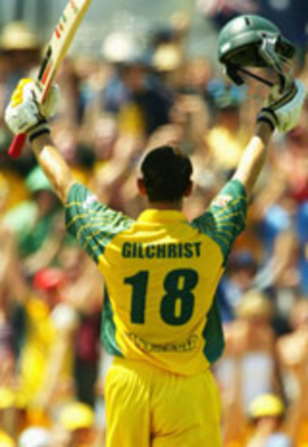 Adam Gilchrist acknowledges his century in a pretty good picture, Australia v Zimbabwe, VB Series, 4th ODI, Hobart, 16 January, 2004