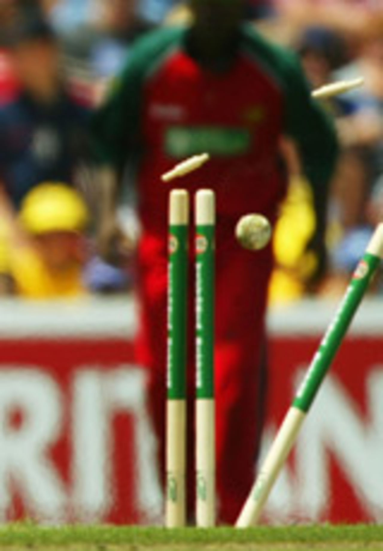 Stumps flying, Australia v Zimbabwe, VB Series, 4th ODI, Hobart, 16 January, 2004