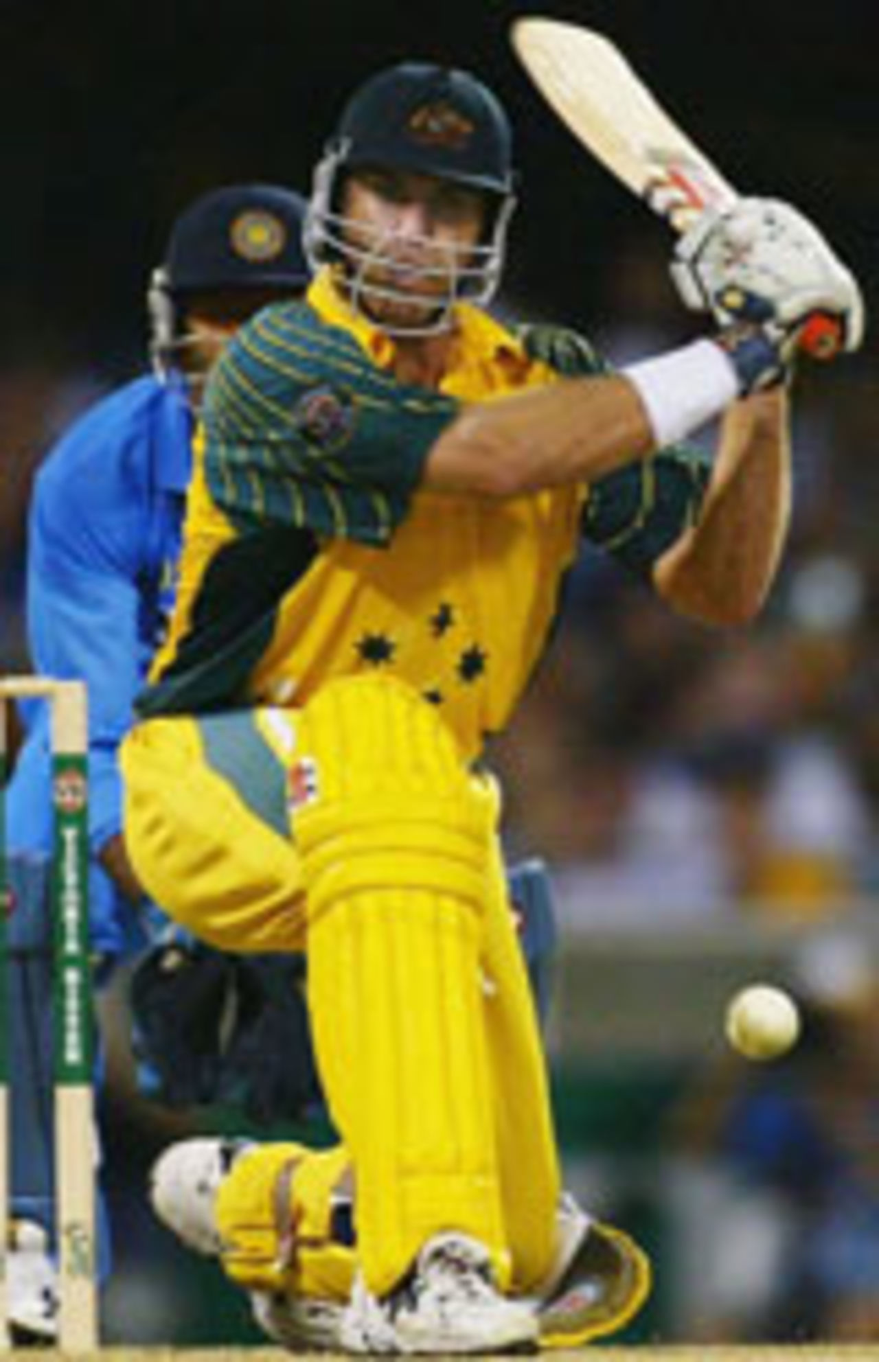 Matthew Hayden prepares to tonk a ball, on his way to 74 off 64 balls, Australia v India, VB Series, Brisbane, 5th ODI, January 18, 2004