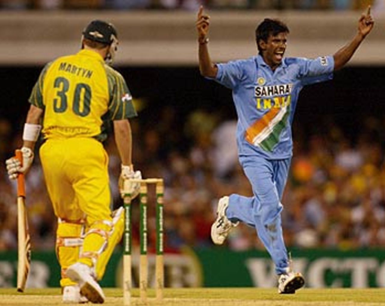 L Balaji gets rid of Damien Martyn on his way to a four-wicket haul, Australia v India, VB Series, Brisbane, 5th ODI, January 18, 2004