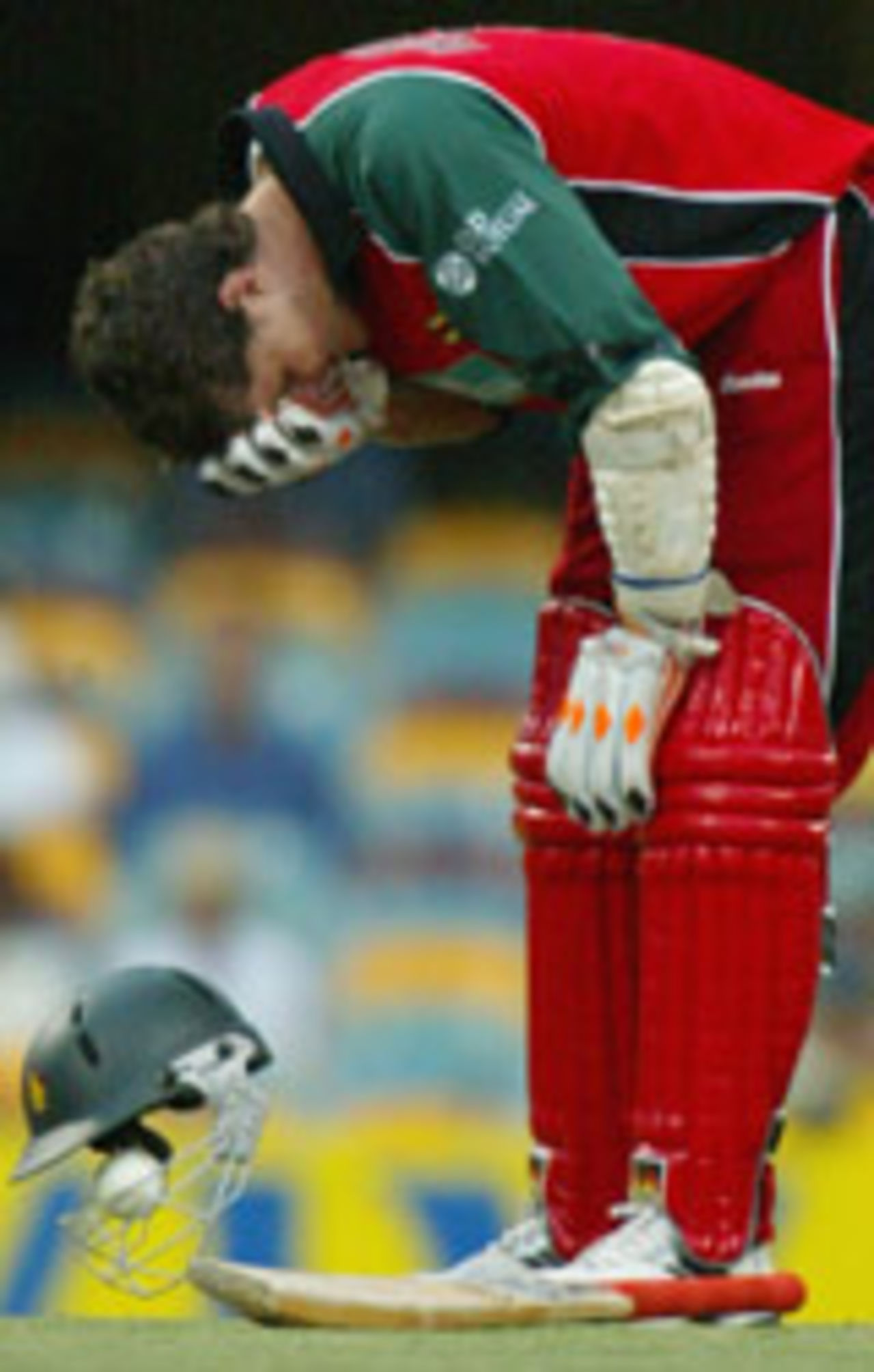 Mark Vermeulen holds his head after being hit by a ball, India v Zimbabwe, VB Series, Brisbane, 6th ODI, January 20, 2004