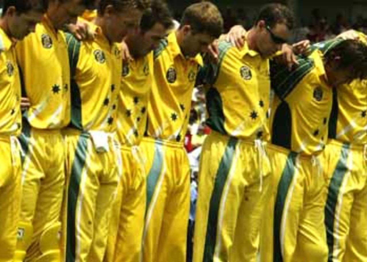 The Australians line up for a moment of silence in memory of David Hookes, before the game begins, Australia v India, VB Series, 7th ODI, Sydney, January 22, 2004