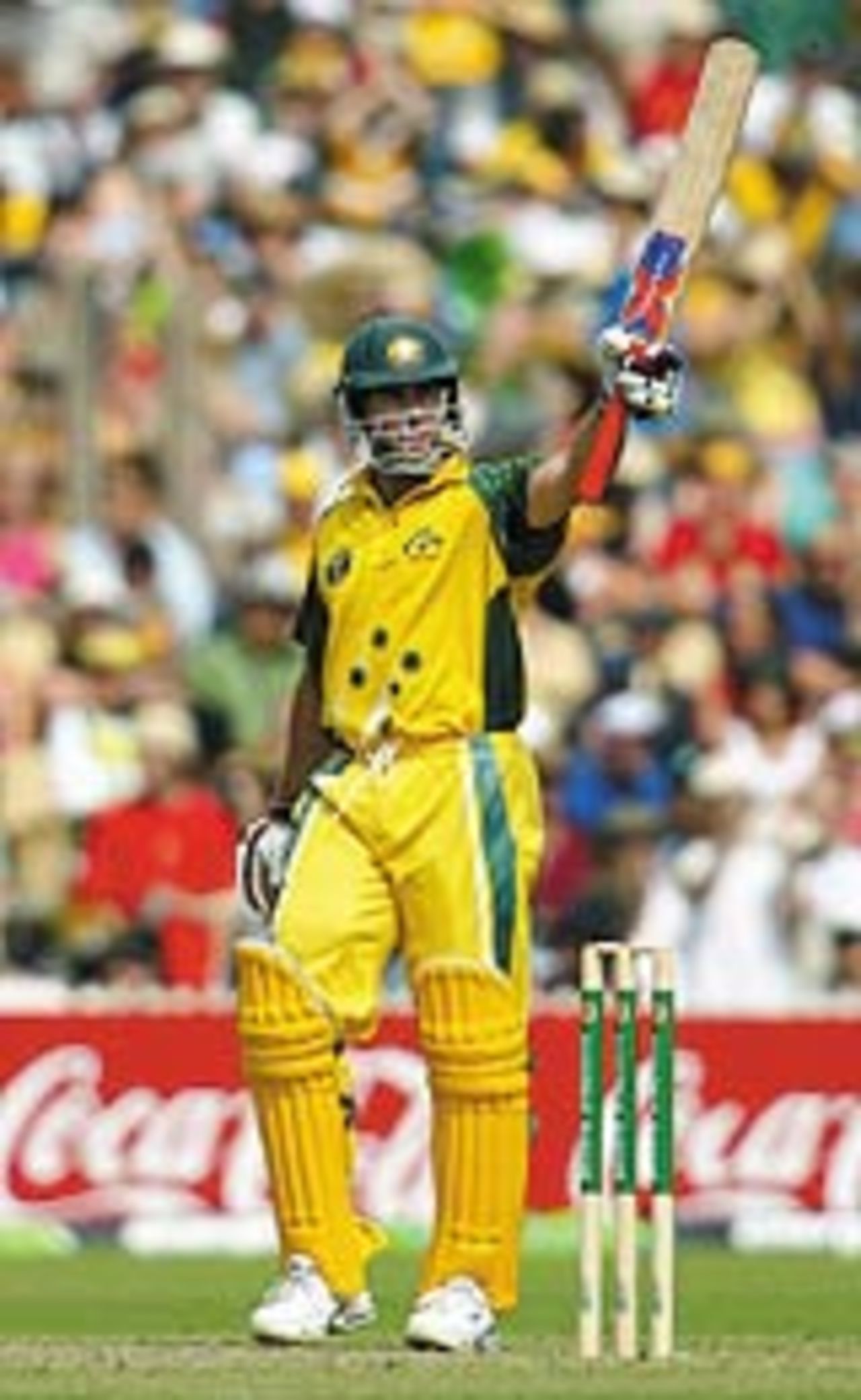 Michael Bevan raises his bat aloft after reaching his half-century, Australia v Zimbabwe, VB Series, 9th ODI, Adelaide, January 26, 2004