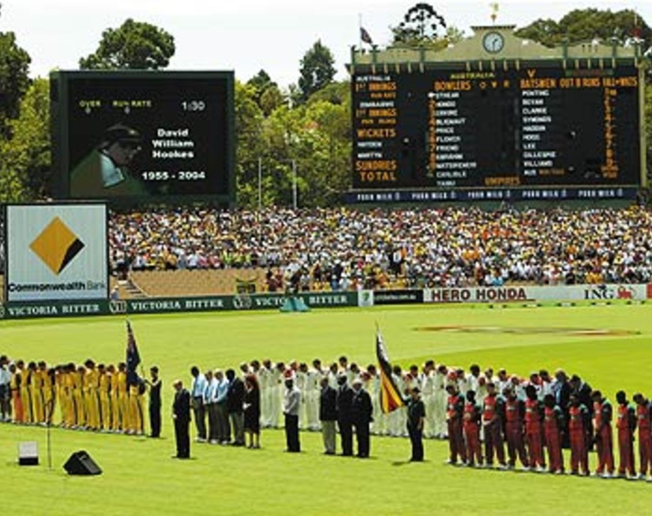 Before the game, both teams observe a minutes silence in memory of David Hookes, Australia v Zimbabwe, VB Series, 9th ODI, Adelaide, January 26, 2004