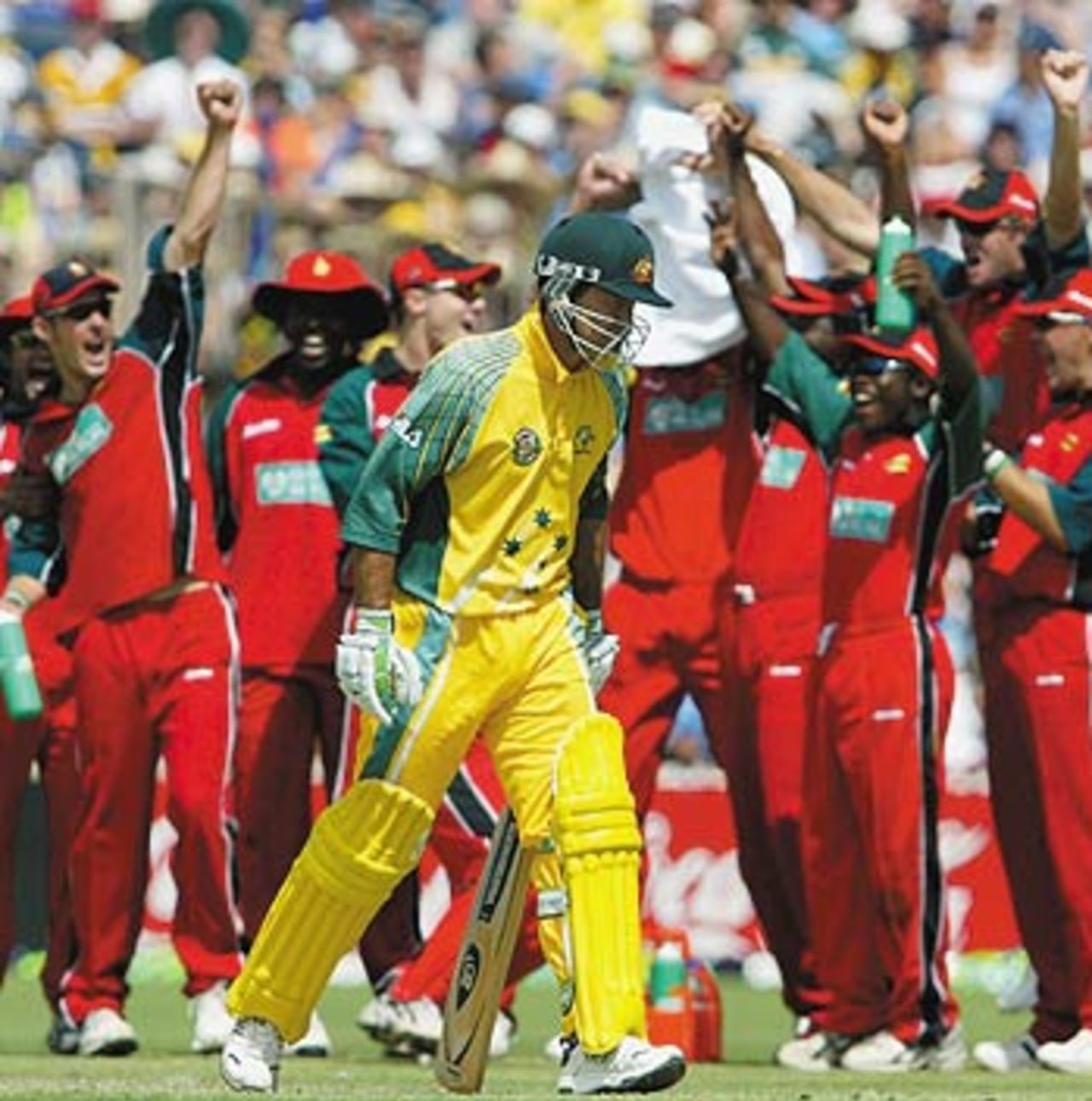 Ricky Ponting begins the walk back after a needless run-out, Australia v Zimbabwe, VB Series, 9th ODI, Adelaide, January 26, 2004