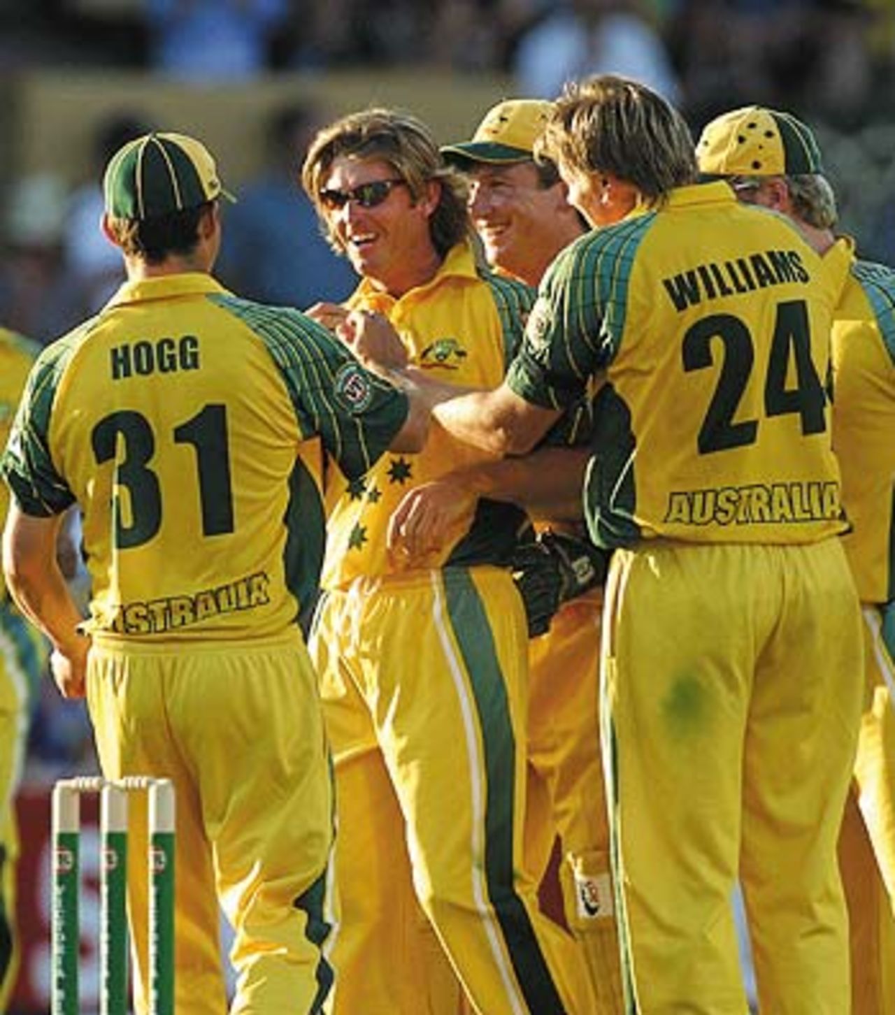 The Australians are overjoyed after dismissing the dangerous Grant Flower, Australia v Zimbabwe, VB Series, 9th ODI, Adelaide, January 26, 2004